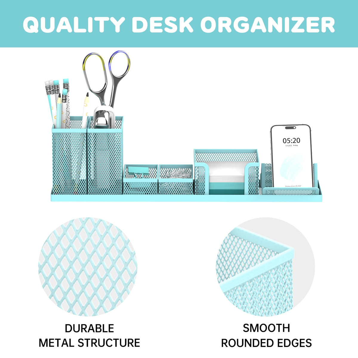 SUPEASY Pen Holder for Desk, 6 Piece Mesh Desk Organizer set for Office Organization with Mail Organizer, Letter Phone Holder, Sticky Notes Caddy Storage, Blue