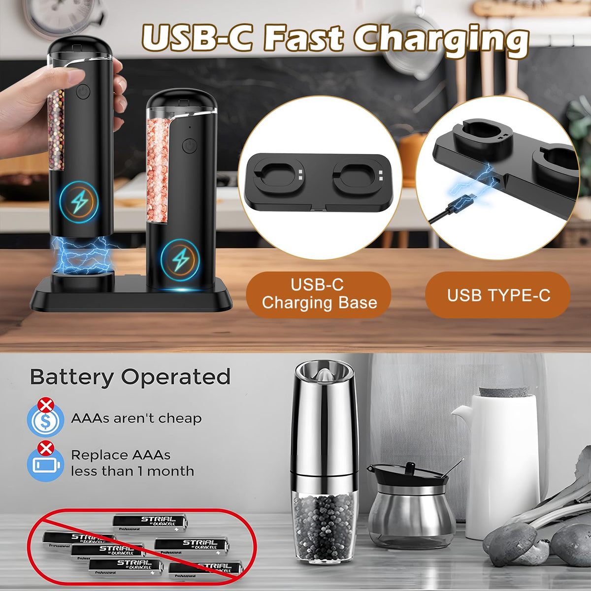 Electric Salt and Pepper Grinder Set: Rechargeable Salt and Pepper Shakers Set Electric For Gravity Spice Grinders Adjustable Automatic Peppercorns Mills Refillable Shaker Mill Large Capacity