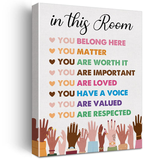 Inspirational Diversity Wall Art in This Room Watercolor Canvas Painting Prints for Classroom Office Wall Decor Framed Equality Artwork Gifts 12"x15" Ready to Hang