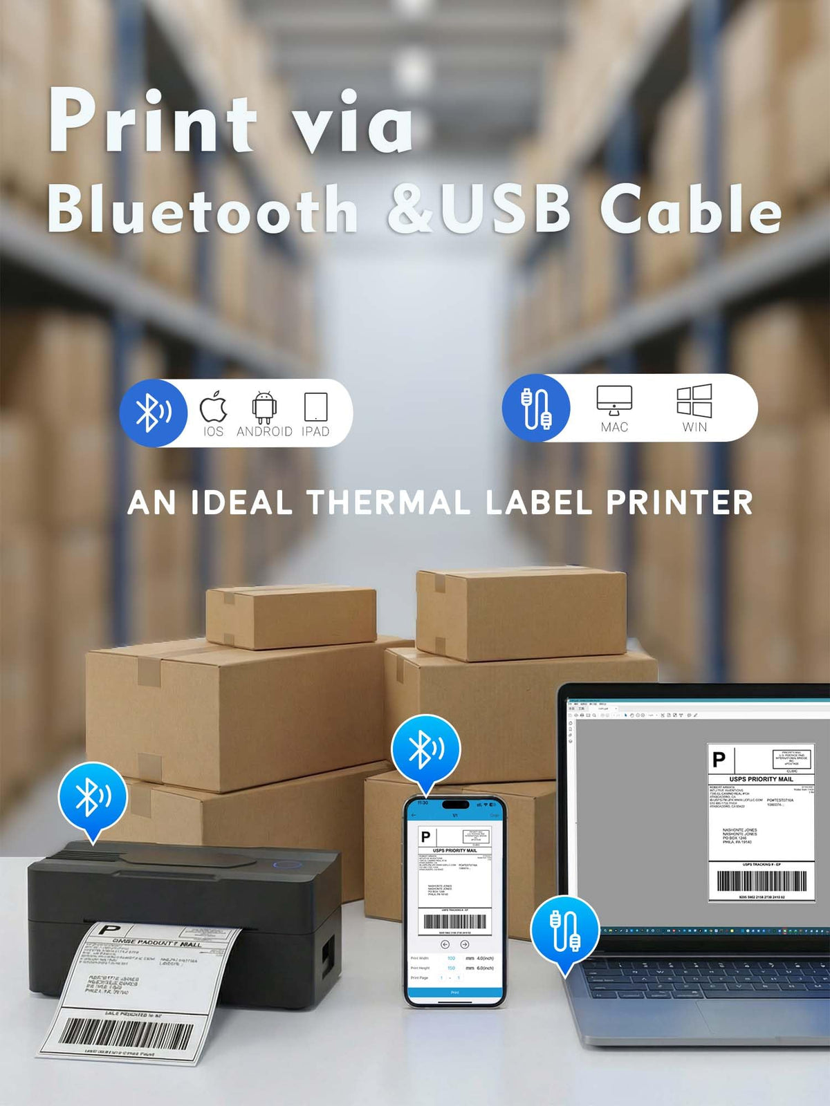 Forc Bluetooth Thermal Shipping Label Printer, 4x6 Wireless Thermal Label Printer for Small Business, Compatible with Android, iPhone, Windows & Mac, Widely Used for Amazon, Etsy, USPS & More