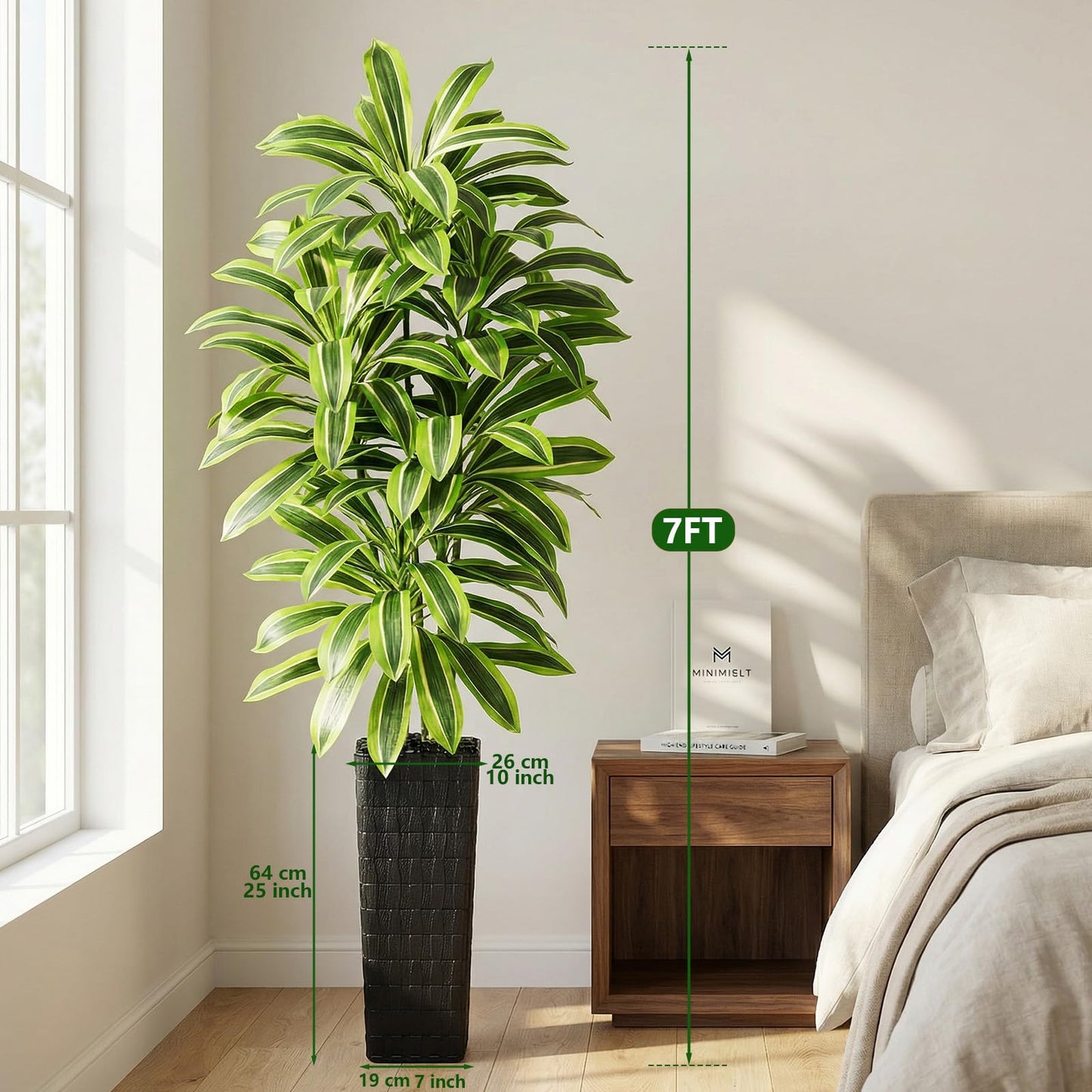 Artifical Yellow Dracaena Tree Indoor, 7FT Tall Fake Floor Plants with Black Planter & Pebbles, Fuax Silk Yucca Tree for Home Office Living Room Bedroom Farmhouse Modern Outdoor Topiary Tree