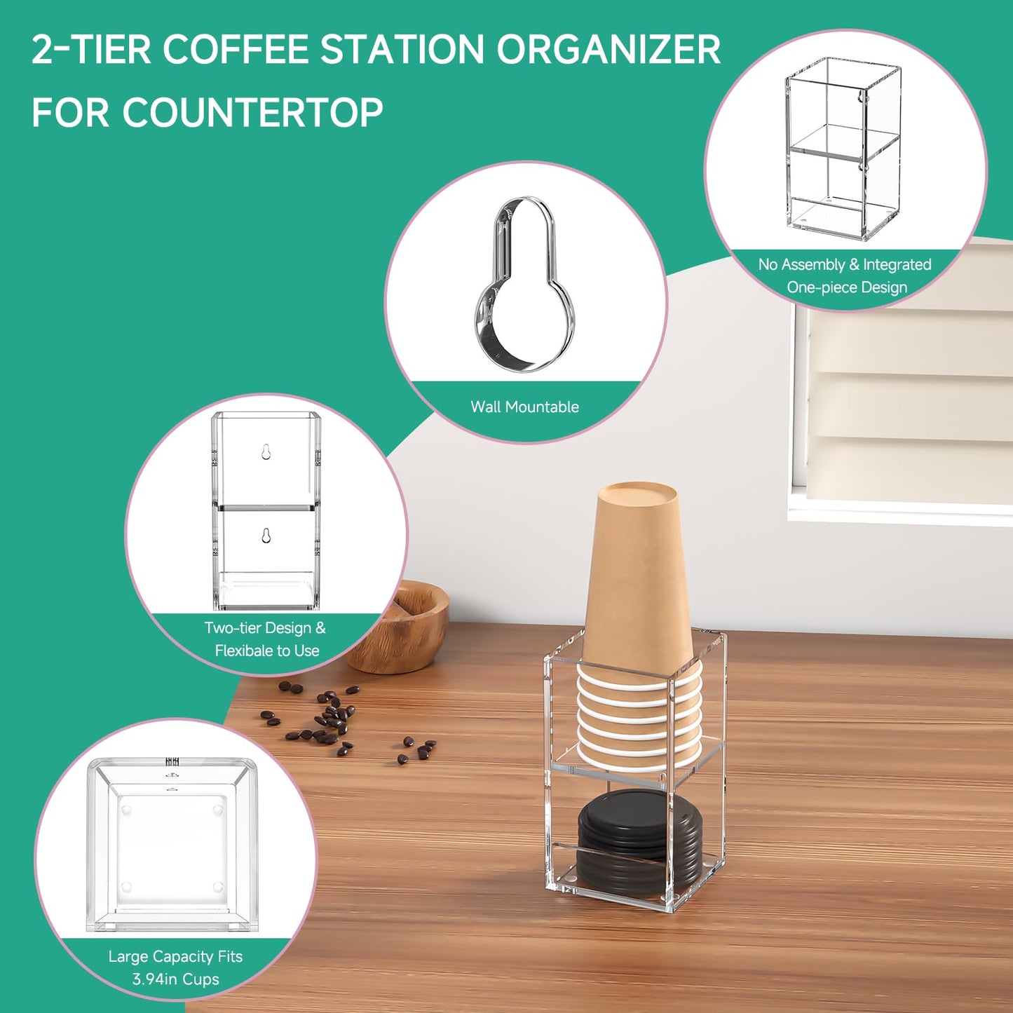 Kucle 2-Tier Coffee Station Organizer for Countertop, 2 Compartments Clear Acrylic Cup and Lid Holder Tea Condiment Storage Upright Coffee Bar Organizer Pod Dispenser for Office Breakroom Home Kitchen