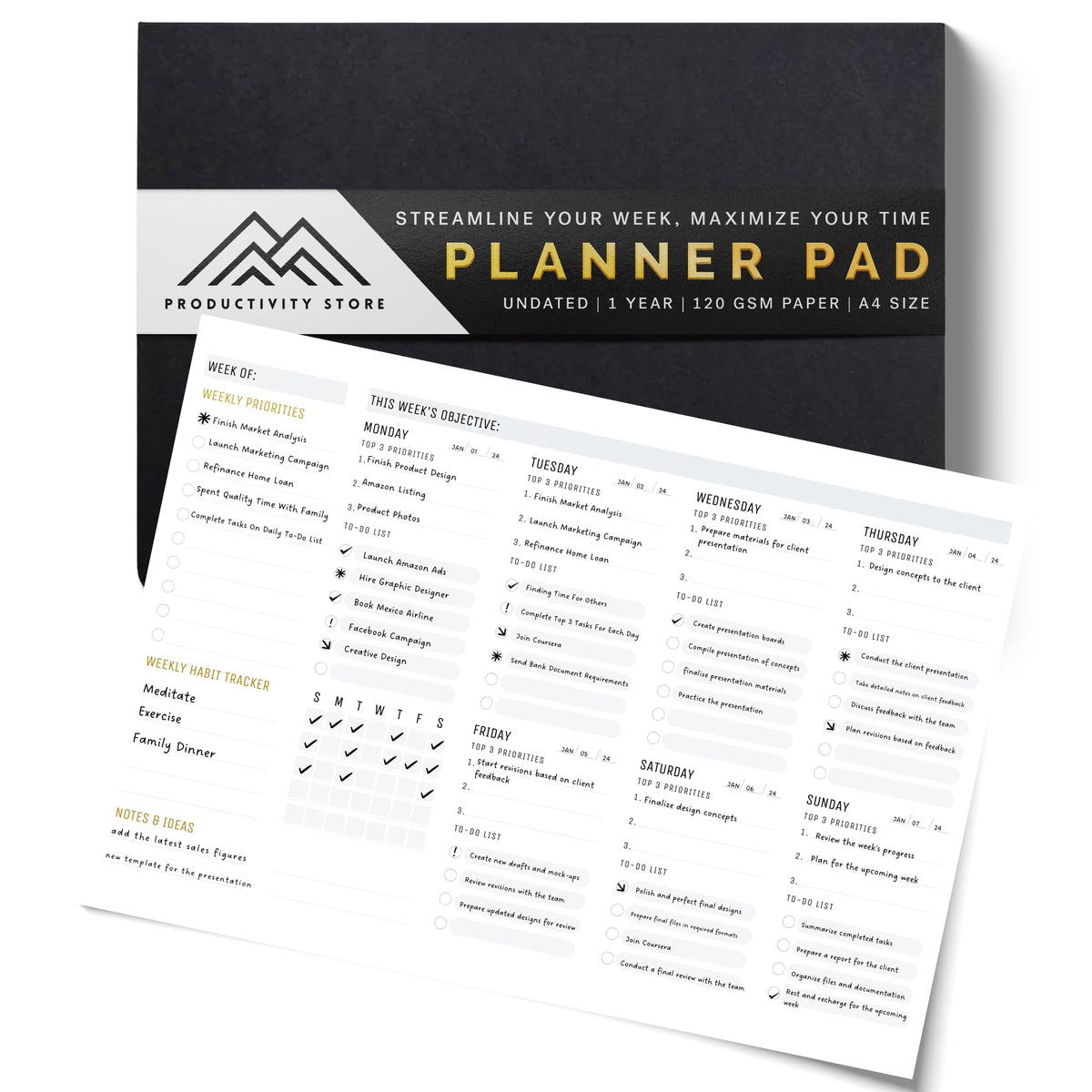 Productivity Store - Weekly Desk Planner Pad, 12-Month Productivity Planner, Tear-Out Deskpad for To-Do List, Productivity Tools for Time Management and Mindfulness, A4 Size, Black