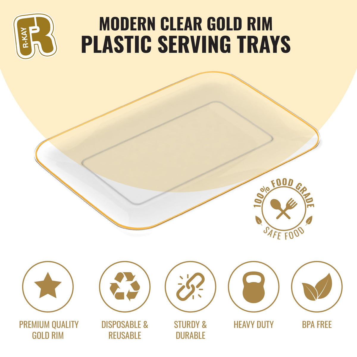 3 Pack Plastic Serving Trays for Party - Gold Serving Tray 8 x 11 Inch - Heavy Duty Dessert Trays for Food - Rectangular Party Serving Trays for Entertaining - Clear Cookie Platters