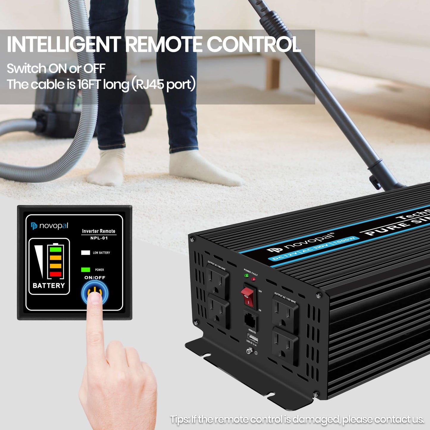 NOVOPAL 1000W Pure Sine Wave Power Inverter 1000 Watt 12V DC to 110V 120V AC,4 AC Outlets, 1 x USB Ports for Off-Grid Solar Car RV Truck Boat with 16FT Wired Remote