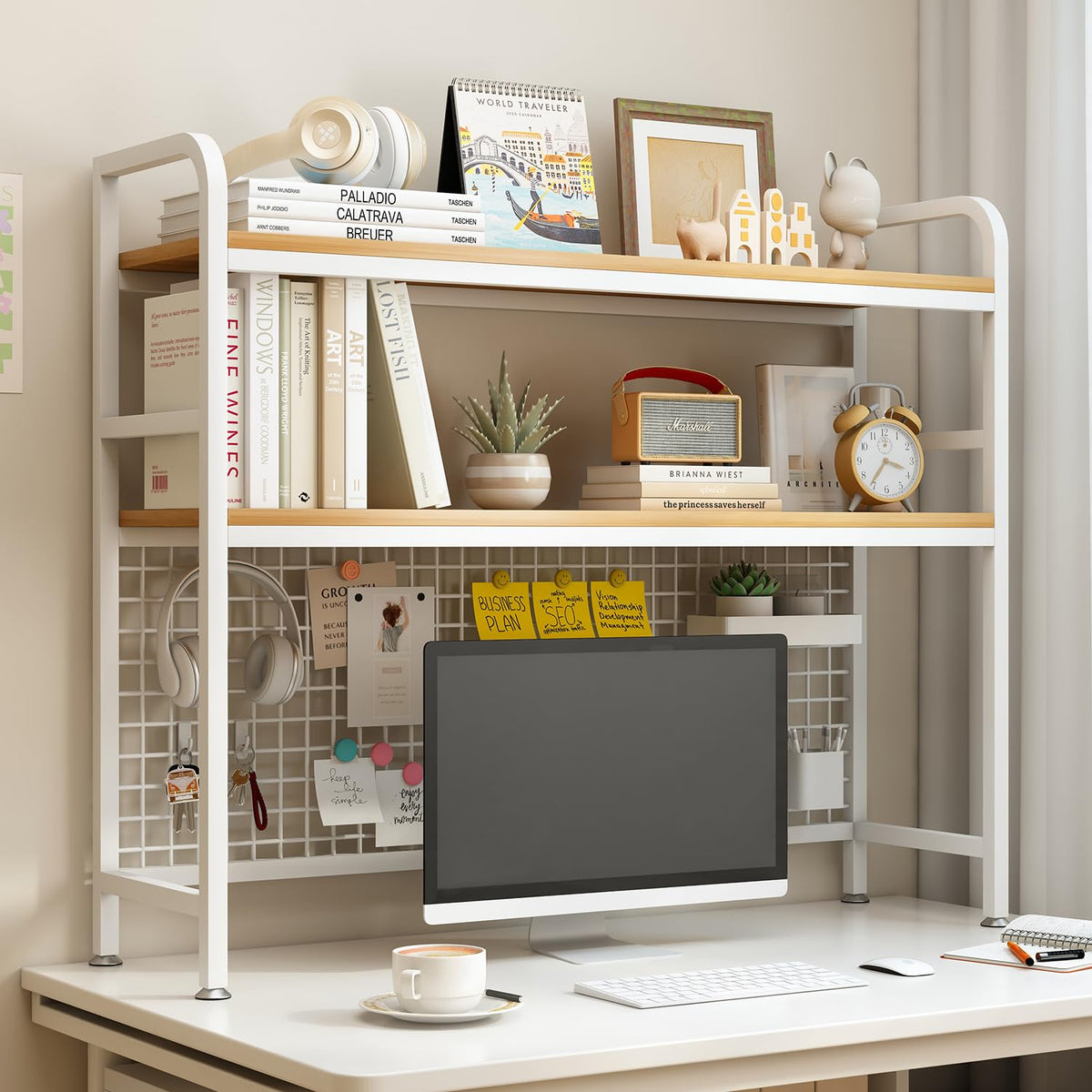 IOTXY 2-Tier Desktop Hutch Bookshelf - Metal Desk Shelf Bookcase with Grid Panel, Countertop Storage Organizer Rack for Dorm or Office, White, 45.3" W