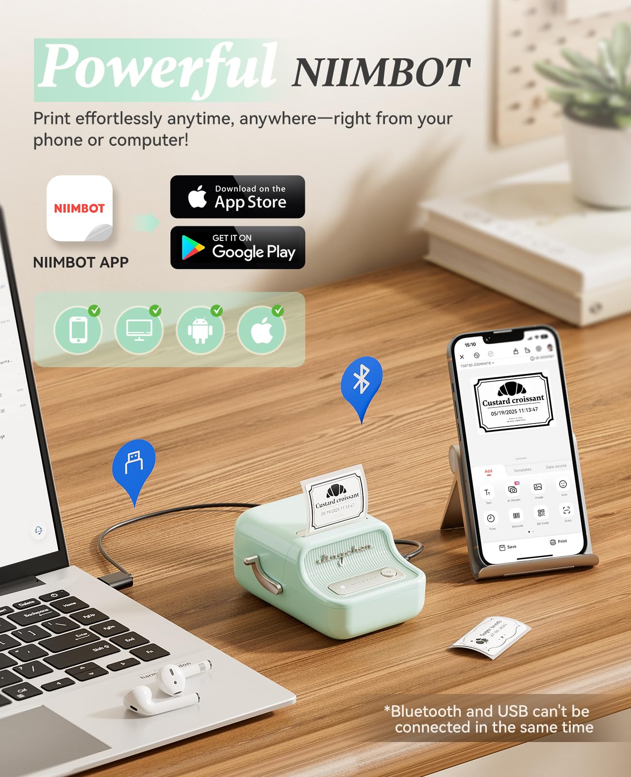 NIIMBOT B21 Label Printer,Bluetooth Thermal Label Maker,Ideal for Home Organization,Business,Ofice,50x30mm Labels(Mint Green)
