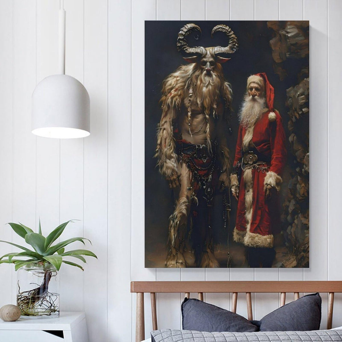 Saint Nicholas And Krampus Alpine Folklore Canvas Printing Wall Art Prints Festive Posters Scandinavian Rustic Style Christmas Yule Theme Wall Decor Living Room Bedroom Office Gift 12x18inch(30x45cm)