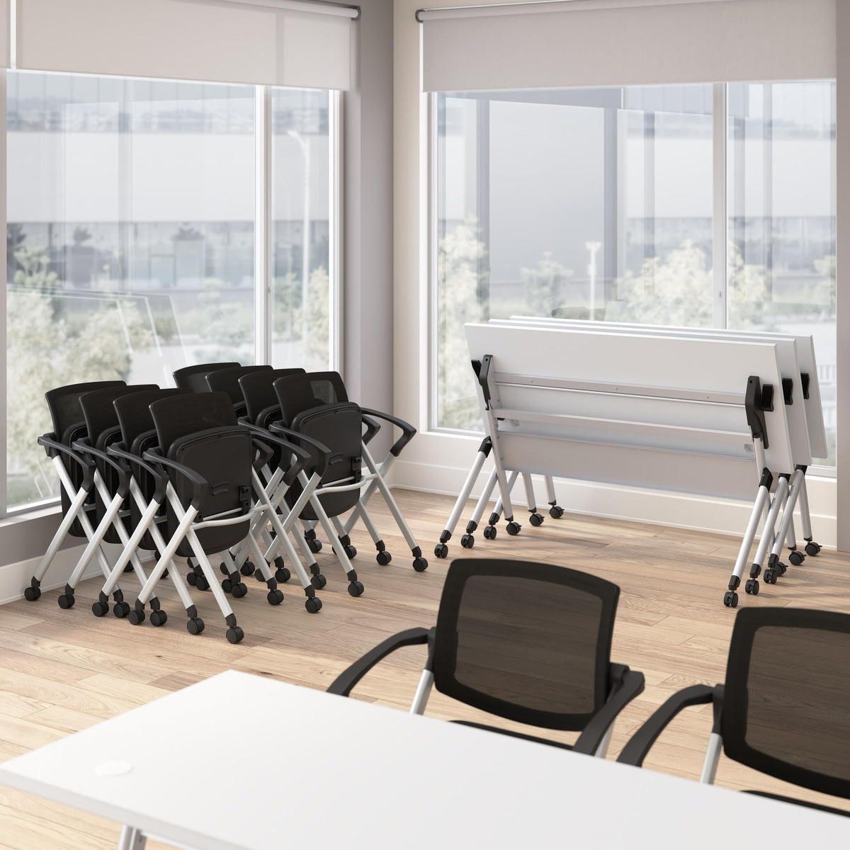 Bush Business Furniture Folding Training Table Set for 2, 60 inch, 2 Mesh Back Folding Chairs with Arms, Commercial-Grade Bundle for Office or Classroom, Envision Collection, White