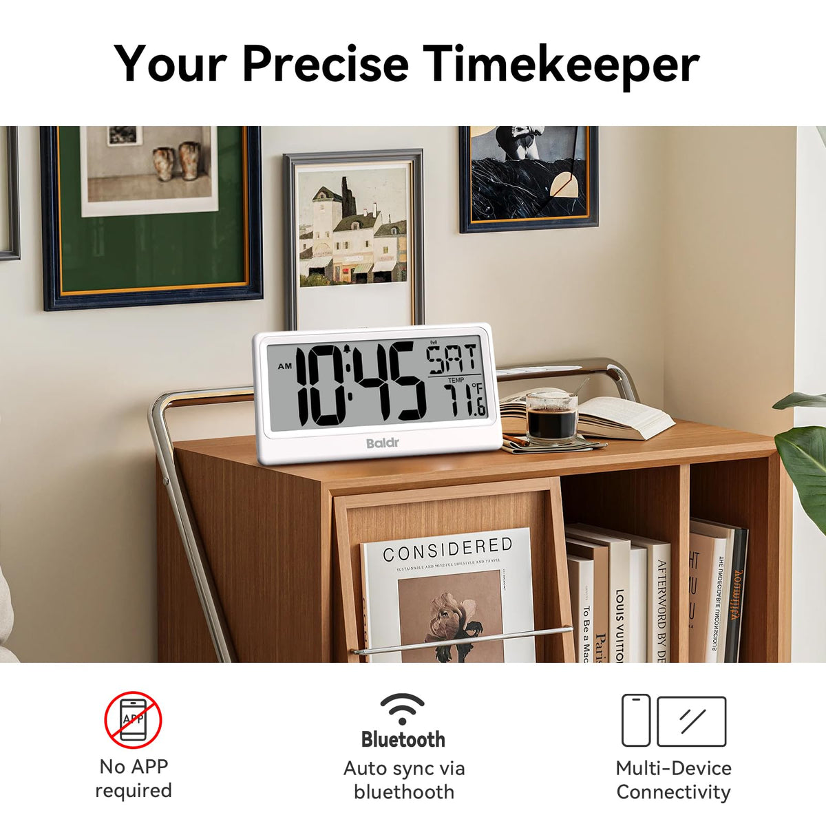 Baldr Digital Clock with Bluetooth Auto Time Sync, No App Required, Large Display Non-Backlit Desktop Alarm Clock, Battery Operated, Temperature & Weekday, Wall or Desk Clock for Home Office, White