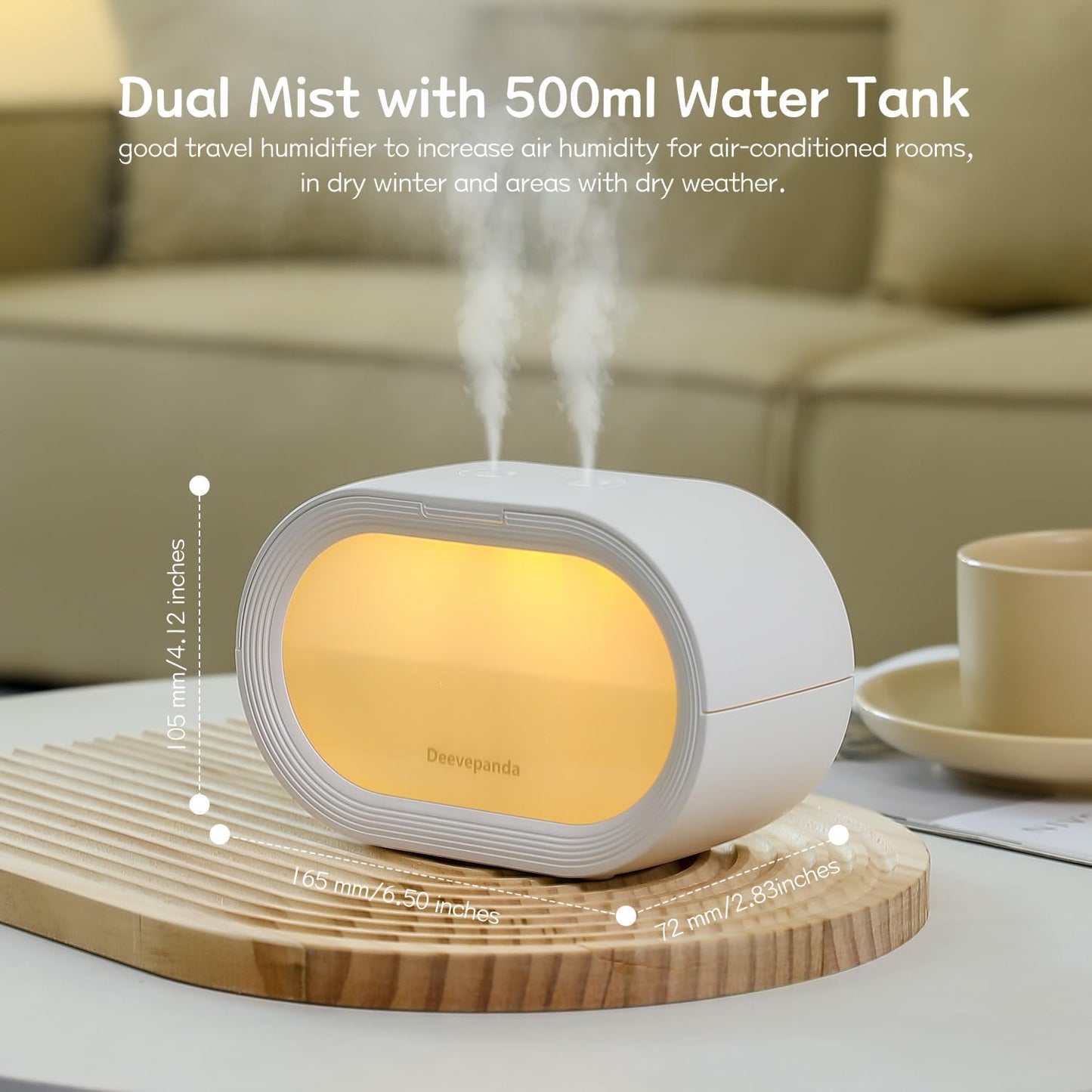 Deevepanda Small Dual Cool Mist Humidifier for Bedroom, 500ml Mini Plant Humidifier Indoor, Rechargeable Battery Powered Portable Desk Baby Humidifier for Kids Room Home Baby Nursery, Office, White