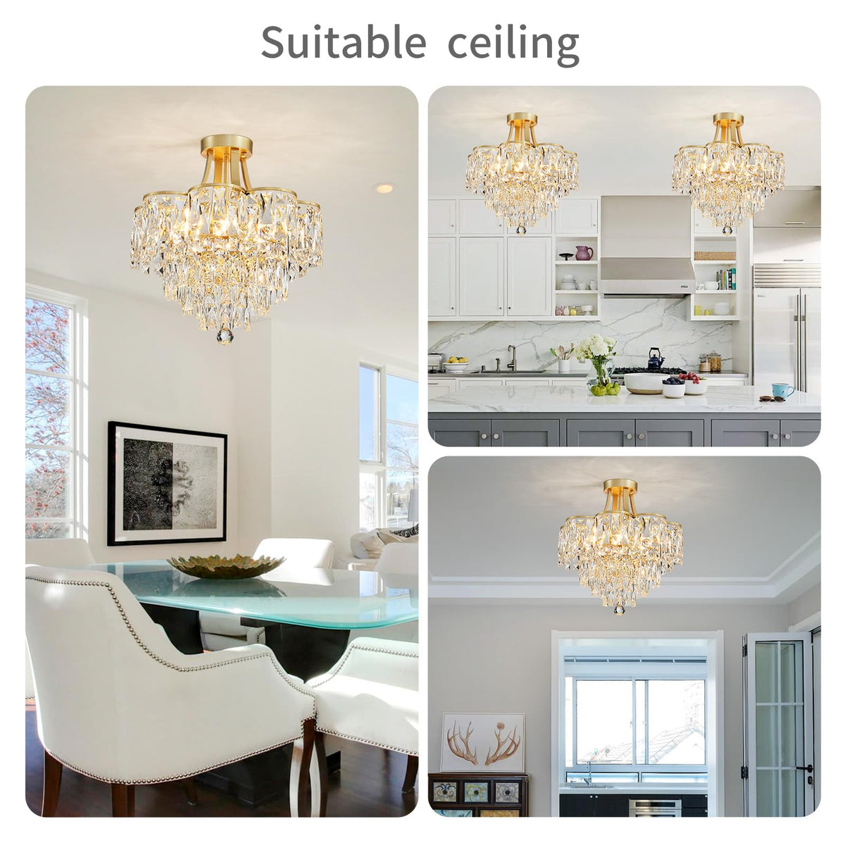 WUZUPS Crystal Chandelier Semi-Flushmount Ceiling Light Modern Lighting Fixture for Bedroom Hallway Entry Kitchen Bathroom, H 19.3" x W 18.3", E12 Base, Gold