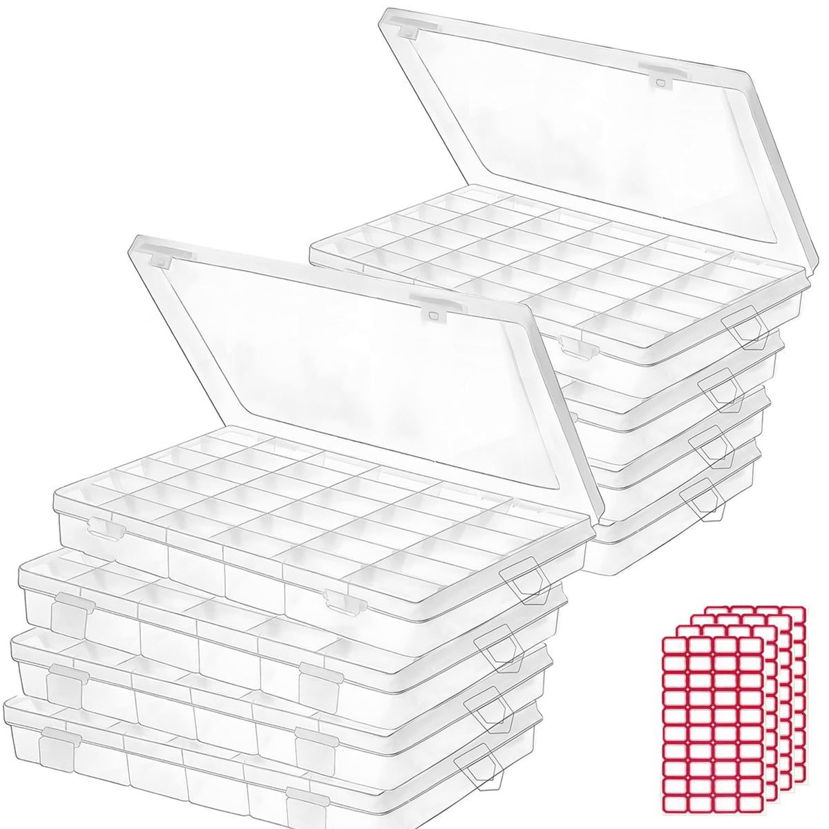 Budreu 8pack 36 Grids Plastic Clear Organizer Box bead Storage Containers with Adjustable Dividers for Craft Jewelry Fishing Tackles Parts Storage with 8 Sheets Label Stickers