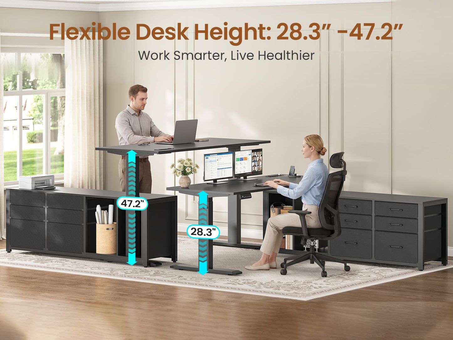 SEDETA L Shaped Electric Standing Desk, 55" x 55" Height Adjustable Office Executive Desk with 6 Fabric Drawers and Storage Shelves, Sit Stand Computer Desk with Power Outlet for Home Office (Black)