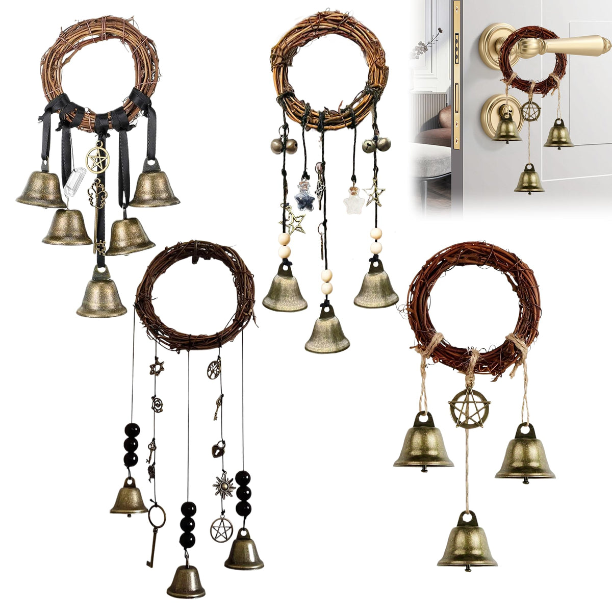 4 Pcs Witch Bells Protection Door Knob Hanger Witch Wind Chime, 3.1 Inch Wreath Handmade Door Hanger Bell for Clear Negative Energy Witchcraft,Home Door Doorknob Witchcraft Decor Supplies(Round Bell)