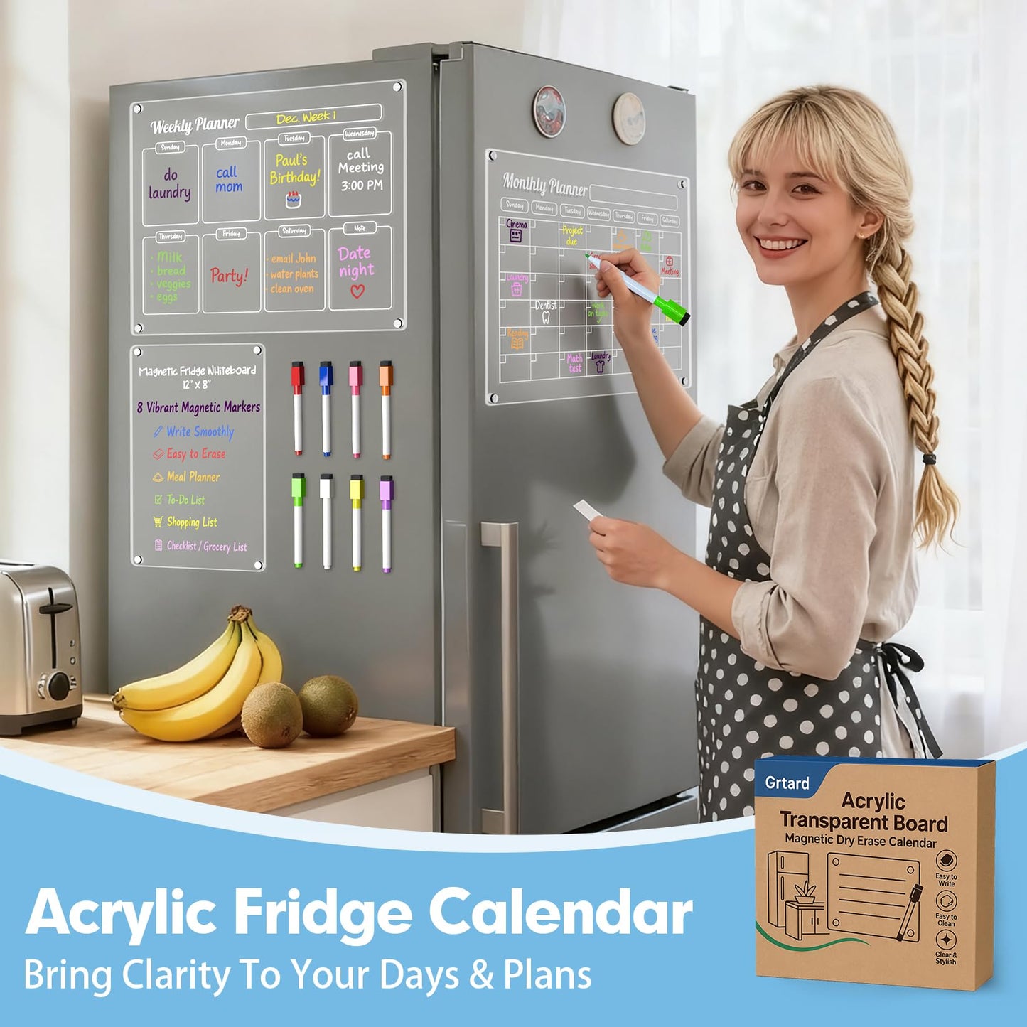 Grtard 3 Pack Acrylic Calendar for Fridge, Magnetic Calendar for Refrigerator, 16"x12" Dry Erase Whiteboard Fridge Calendar,2026 Clear Monthly Weekly Daily Memo Planning Board with 8 Markers