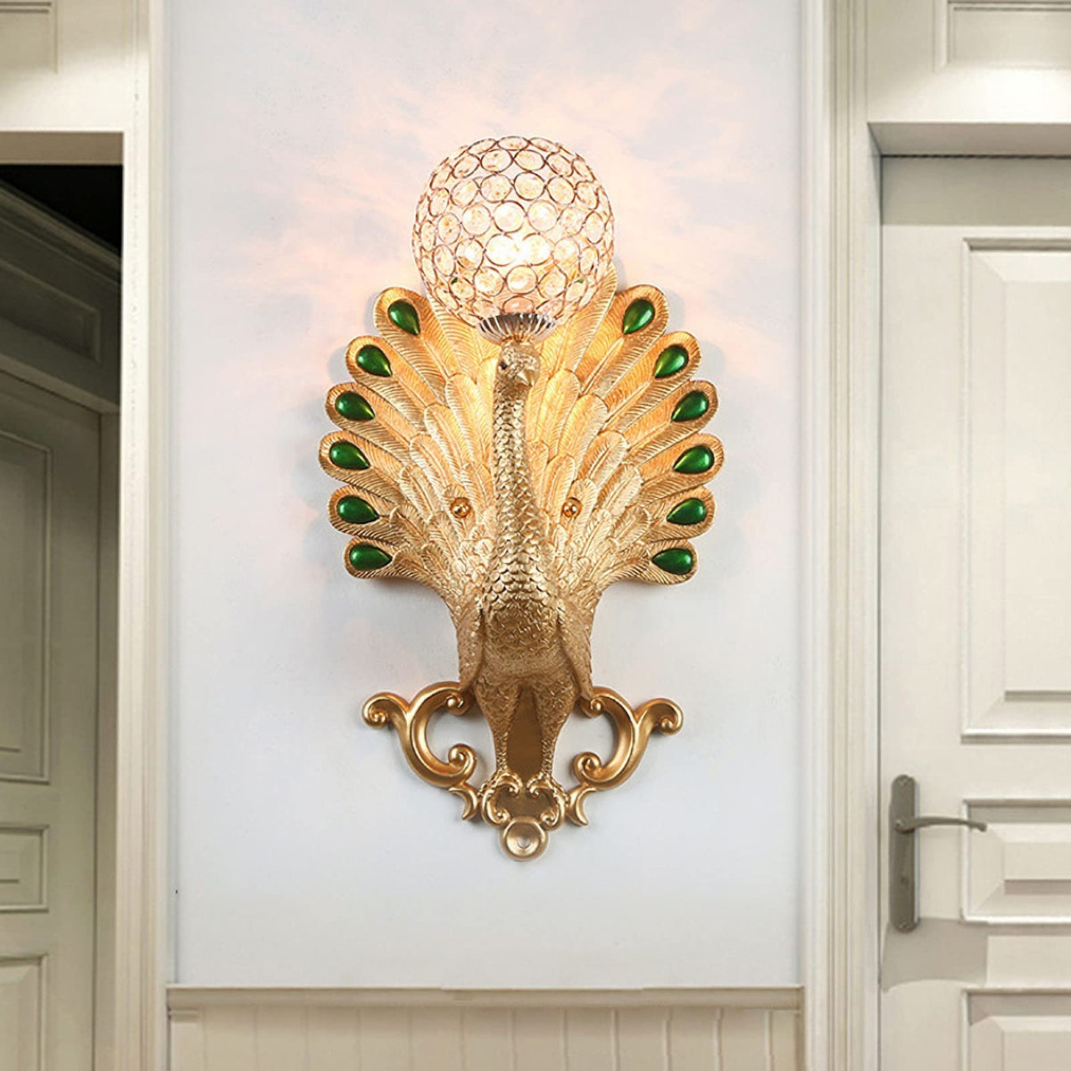 CEKUXPS Modern Resin Peacock Light Wall Sconce, Gold Crystal Wall Lamp, 20.4" x 12.2" x 12.2", Living Room, Bedroom, Kitchen, Dining, Study, Hallway