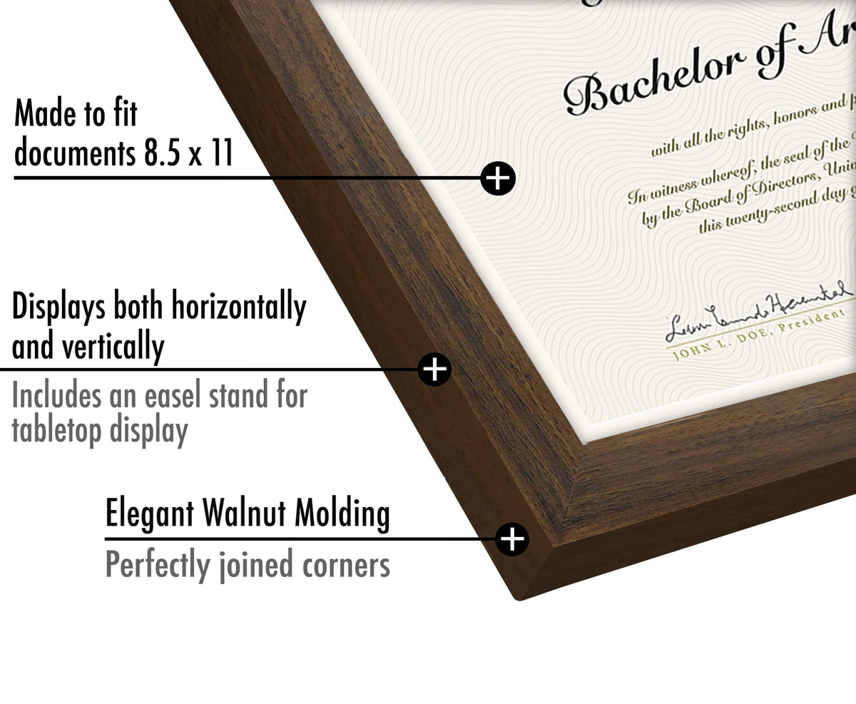Americanflat 8.5x11 Diploma Frame with Shatter-Resistant Glass - Document Frames with Engineered Wood - Legacy Collection - Certificate Frame for Tabletop and Wall Display - Walnut