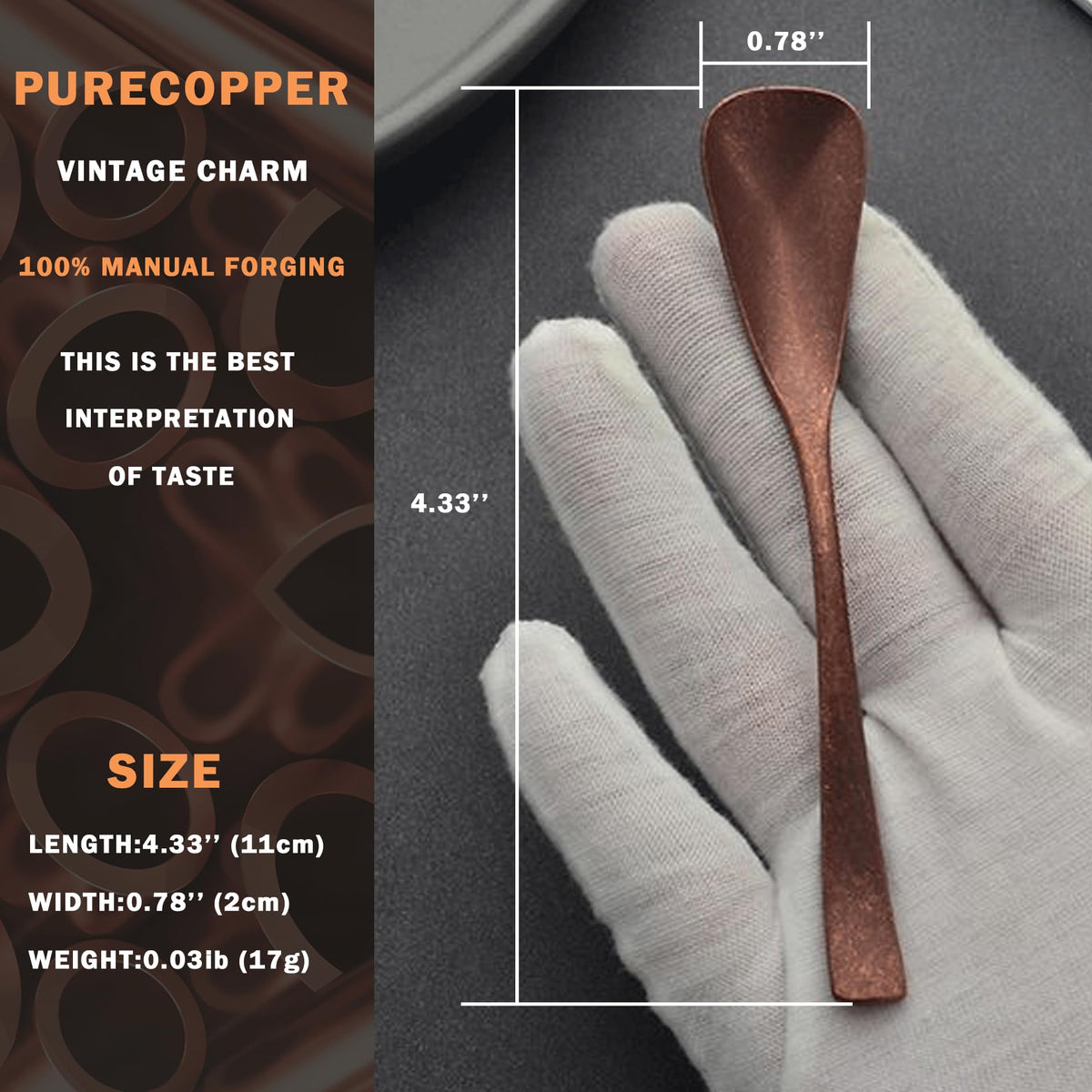 Purecopper 4.33-Inch Vintage Teaspoon, Hand-Forged Antique Copper Spoon, Suitable for Stirring Coffee and Desserts, Cakes, Ice Cream (4)