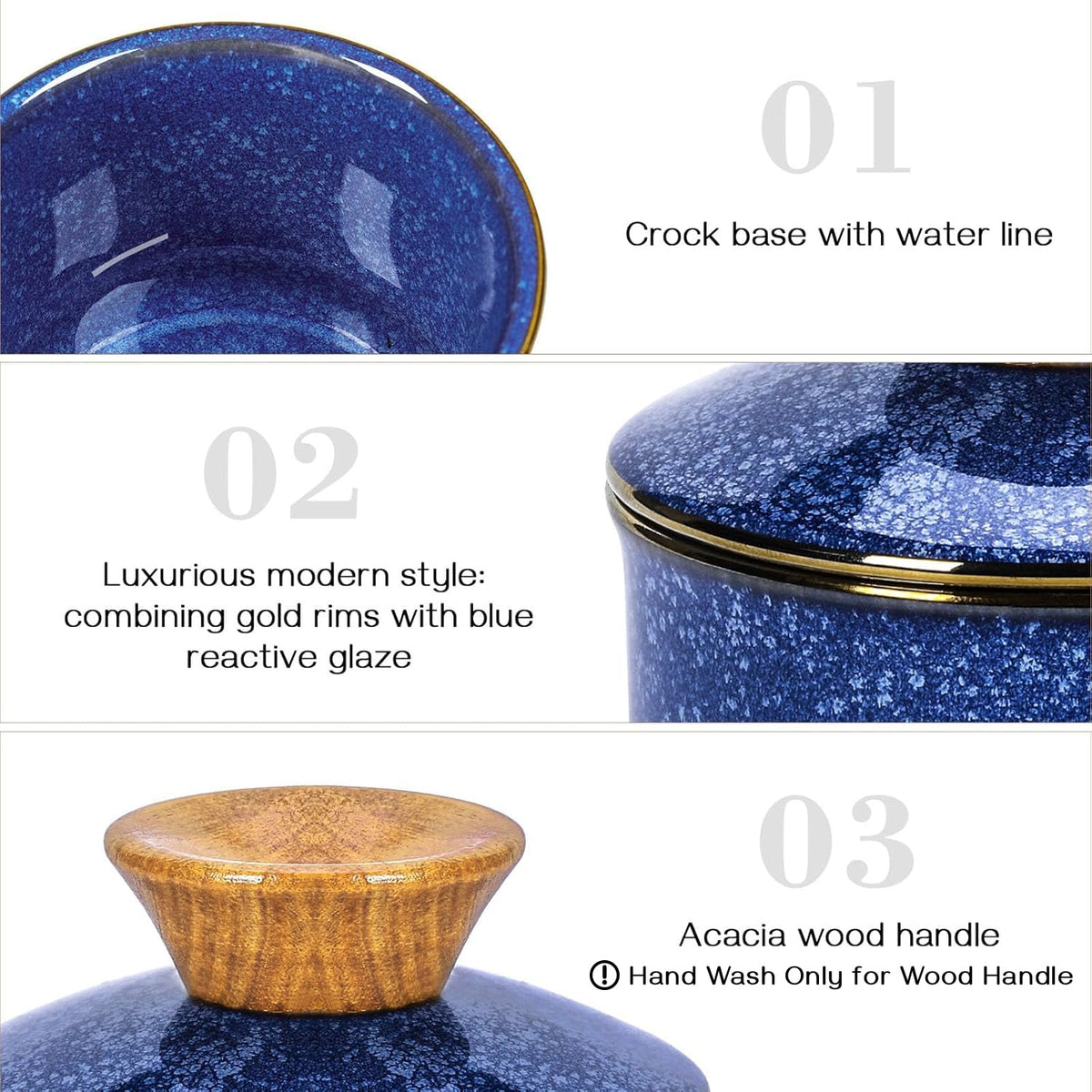 DOWAN French Butter Crock, Ceramic Dish With Lid for Countertop and Fridge, Keeper With Waterline, Flip-Top Container & Spreader, Reactive Glaze Holder, Blue