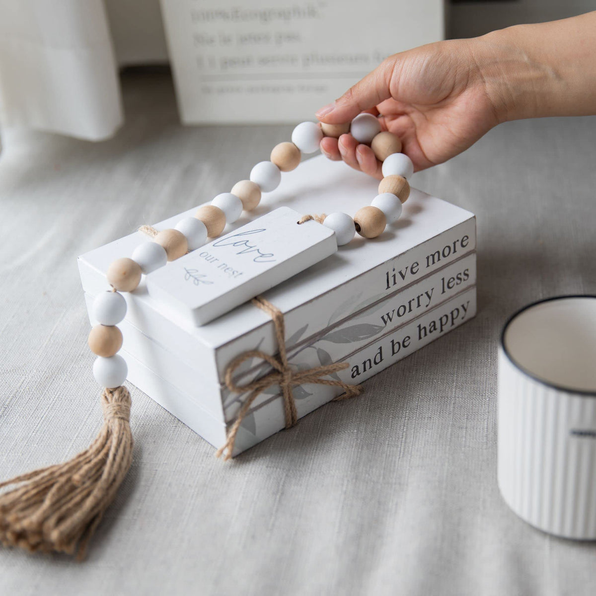 GENMOUS 4pcs White Decorative Books Set, Stacked Wood Faux Books with Wood Bead Tassels for Living Room and Shelf Display, Farmhouse Decor