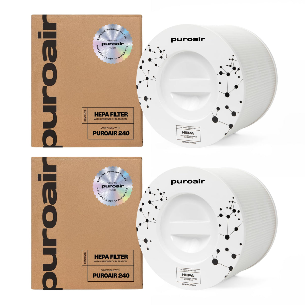 PuroAir 240 Replacement Filter - Genuine Puro Air 240 Filter Replacement - Official PuroAir Air Purifier HEPA Filter with CarbonTech Filters 99.9% of Pollen, Dust, Pet Dander, Smoke, Odors (2PK)