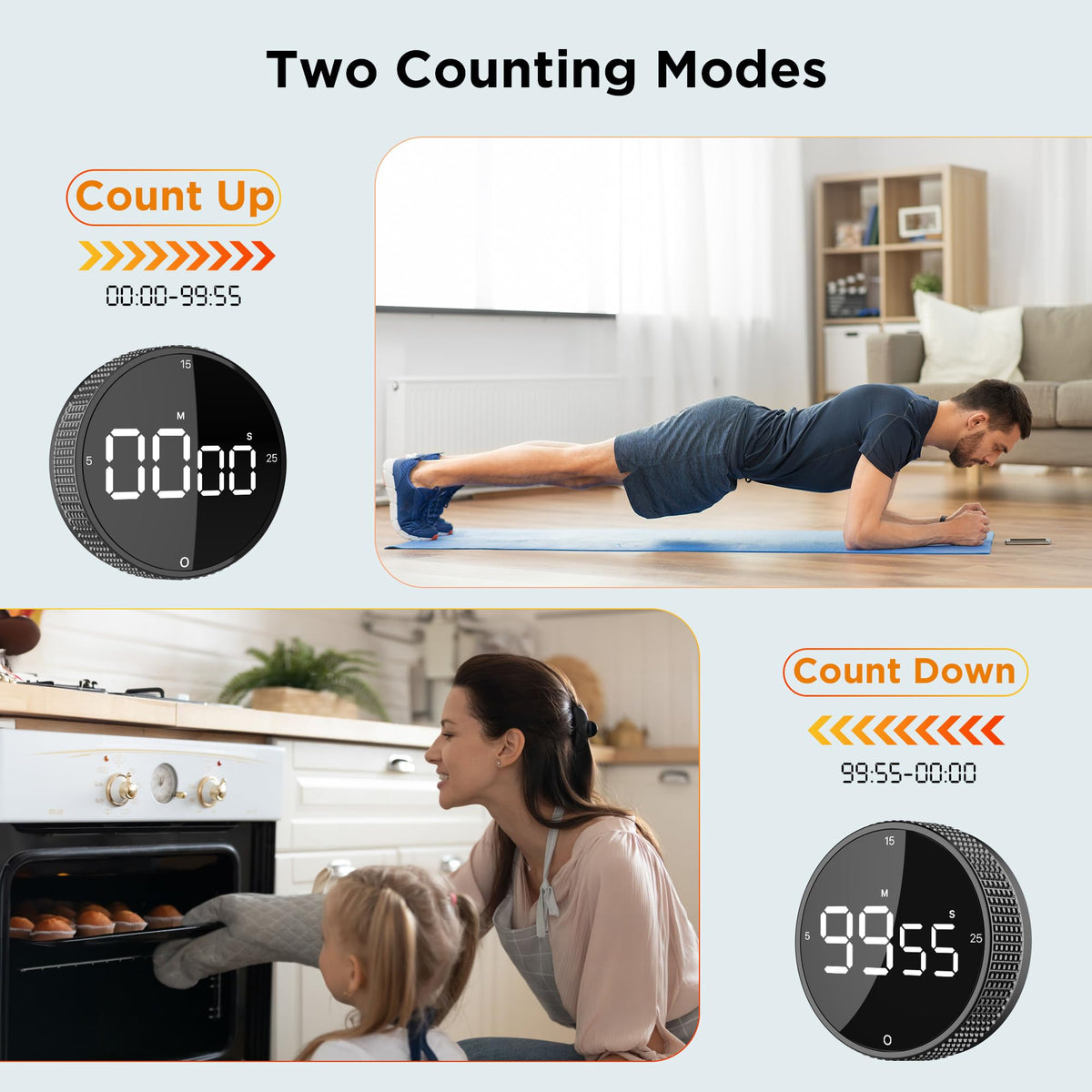 Upgrade Digital Kitchen Timer - Magnetic Countdown Countup Visual Pomodoro Timer with Large LED Display, 3-Preset Times (5, 15, 25), 3 Volume Levels, Ideal for Cooking, Baking and Fitness (1, Black)