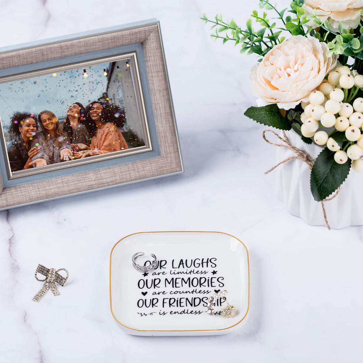 Piudee Friendship Gifts for Women Best Friend Jewelry Dish, Our Laughs are Limitless, Our Memories are Countless, Our Friendship is Endless Unique Gifts for Women, Female Friend Birthday Christmas