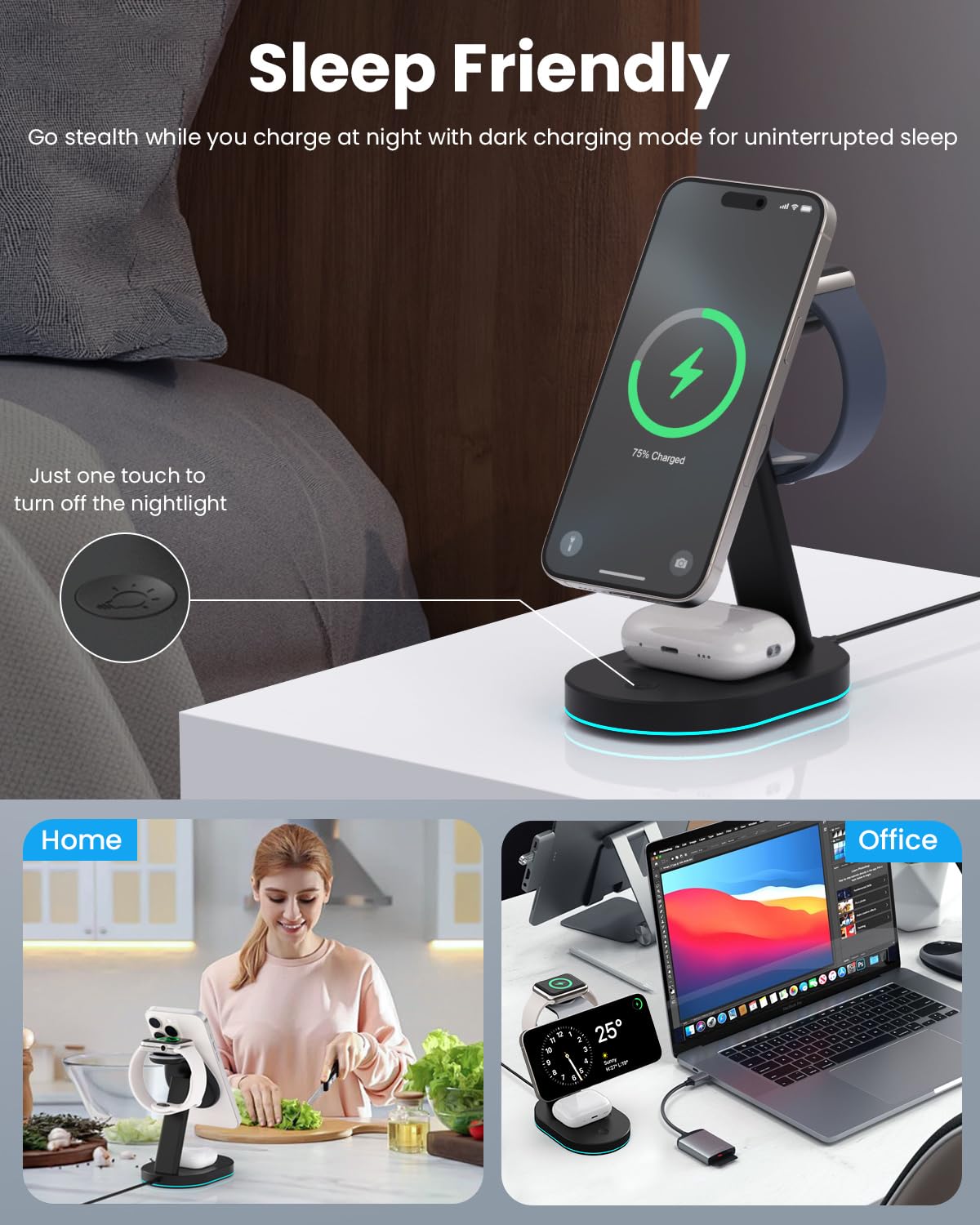 3 in 1 Wireless Charger Charging Station for iPhone,Qi2 Certified 15W Magnetic Charging Stand for Mag-Safe with 30W USB C Adapter&Friendly Night Light for iPhone 17/16/15/14/13/12,Apple Watch,AirPods