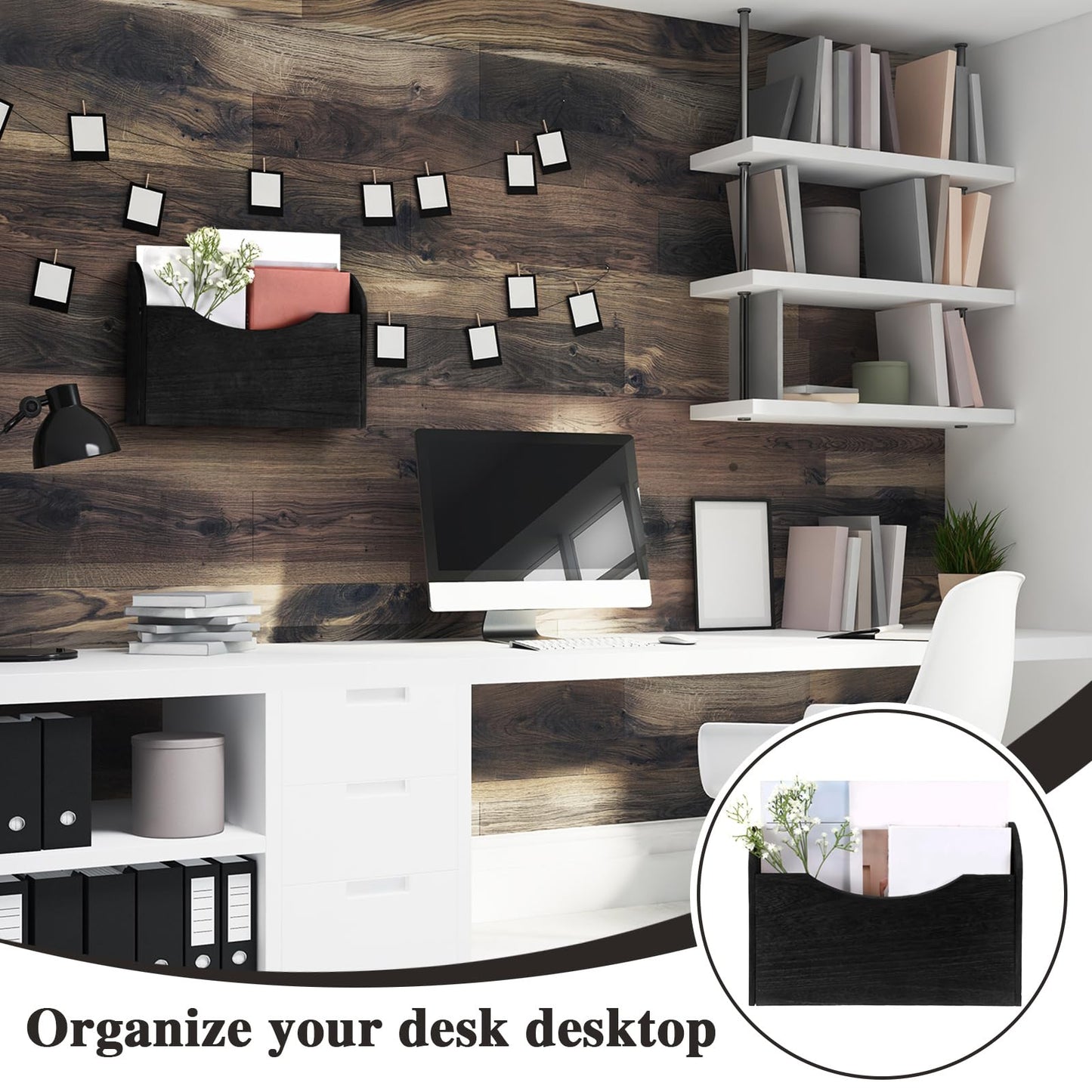 Suzile Wall Mounted File Holder Wood Magazine Holder Wall Hanging File Organizer for Office Mail Magazine Letter Paper Folder Organization (Gray)