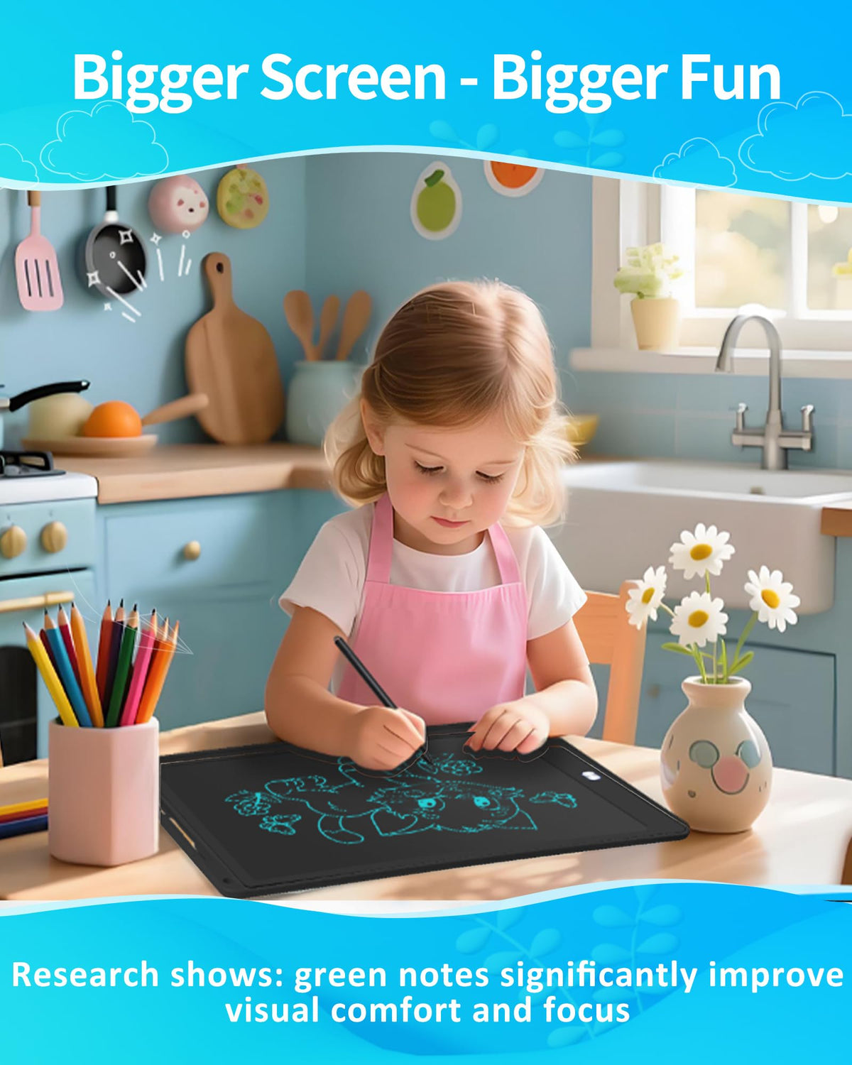 Magnetic LCD Writing Tablet for Fridge,16 Inch Large Drawing Tablet, Drawing Pads for Kids, Reusable Whiteboard for Fridge, Reusable Writing Board for to-Do Lists and Family Messages (Black)