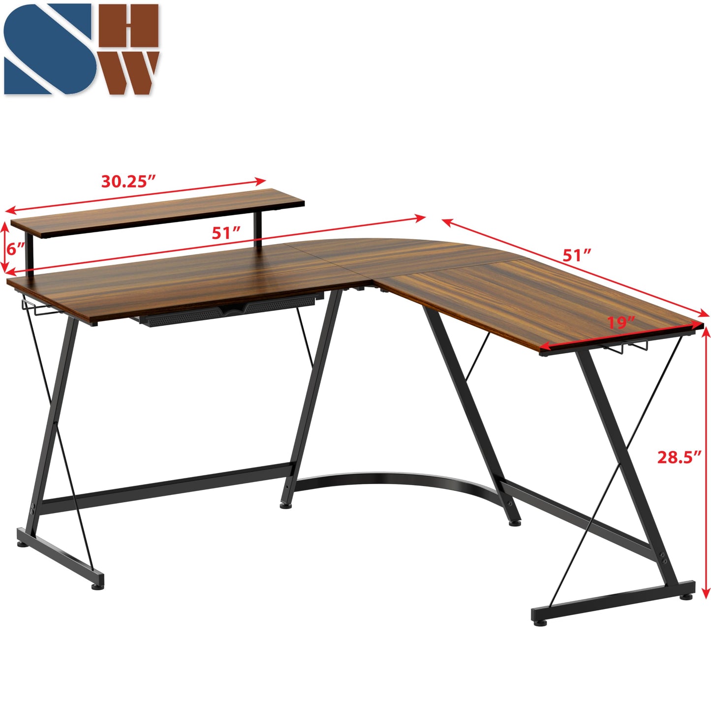 SHW 51 x 51 Inches Vista L-Shaped Desk with Monitor Stand and Drawer, Walnut