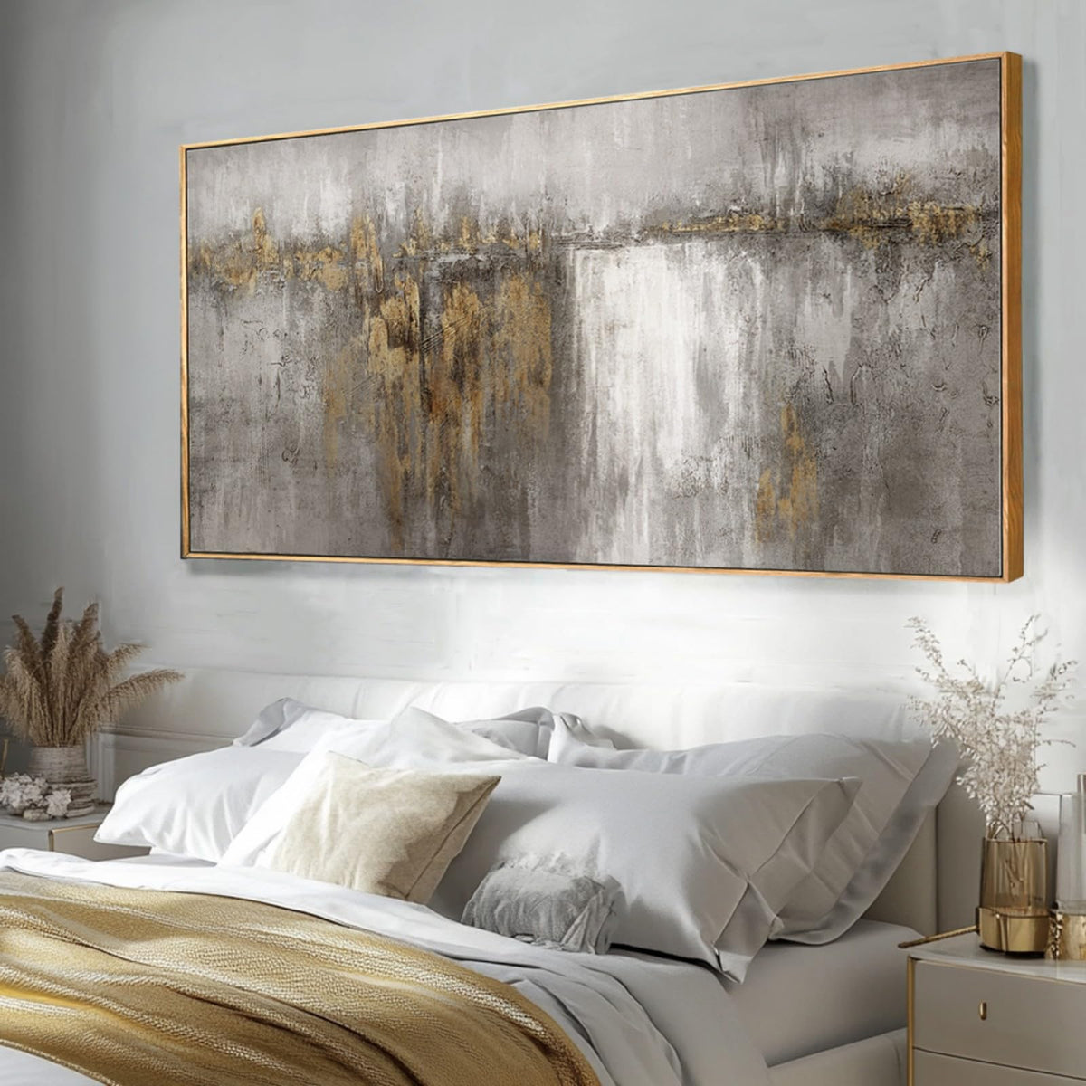 White and Gold Artwork for Walls Abstract Framed Poster Print 24"x48" Canvas Wall Art for Bedroom Neutral Artwork Decor for Office