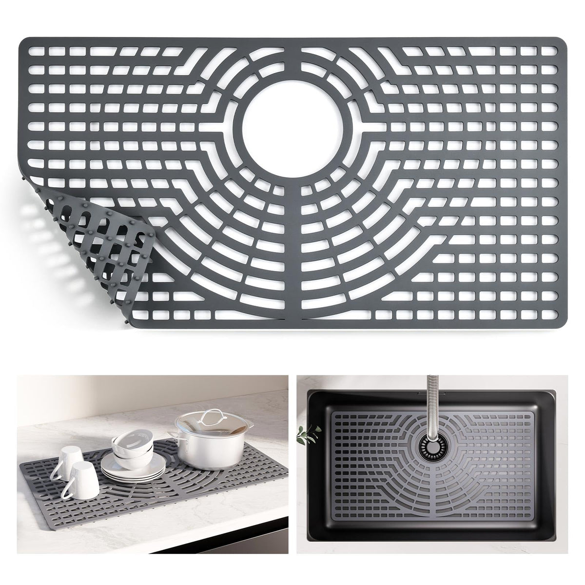 Snuggery Silicone Sink Protector 30"x16" Rear Drain Hole, Heat Resistant Non-slip Dishwasher Suitable, Large Sink Mat for Bottom of Farmhouse Kitchen Stainless Steel Sinks