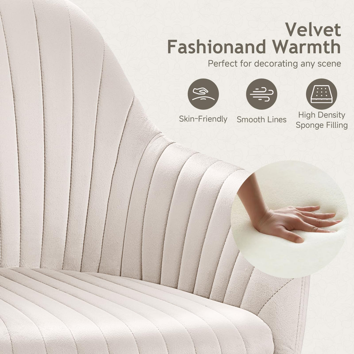 Warmiehomy Velvet Desk Chair for Home Office, Modern Adjustable Swivel Task Chair, Women Vanity Chairs with Arm Rest for Bedroom Dressing Room, Cozy Beige