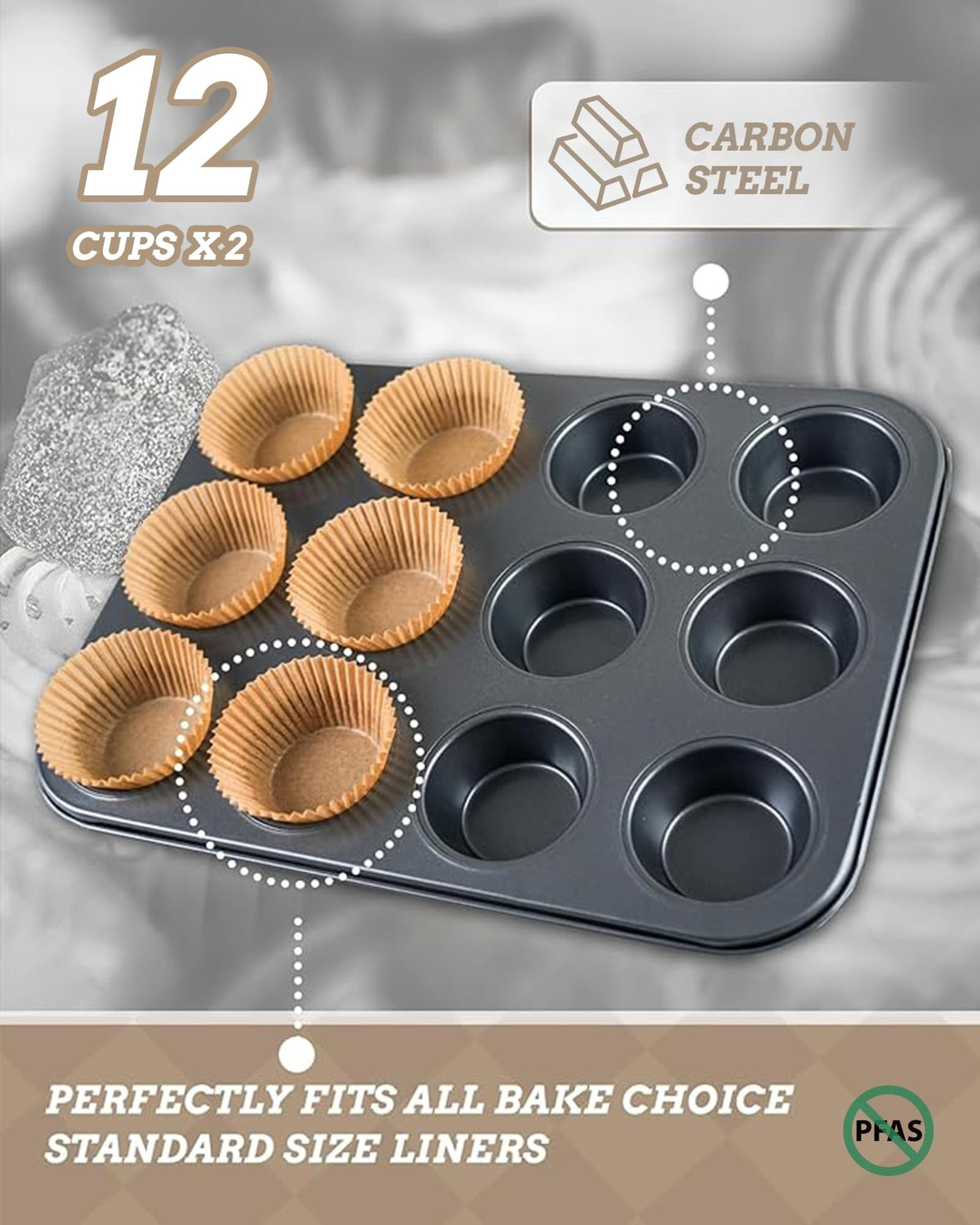 Bake Choice 2 Pack Muffin Pan for Baking, Standard Cupcake Pan includes 100 Natural Cupcake Liners, Muffin Tin Nonstick 12 Cup, Baking Pans Set, Carbon Steel Baking Supplies