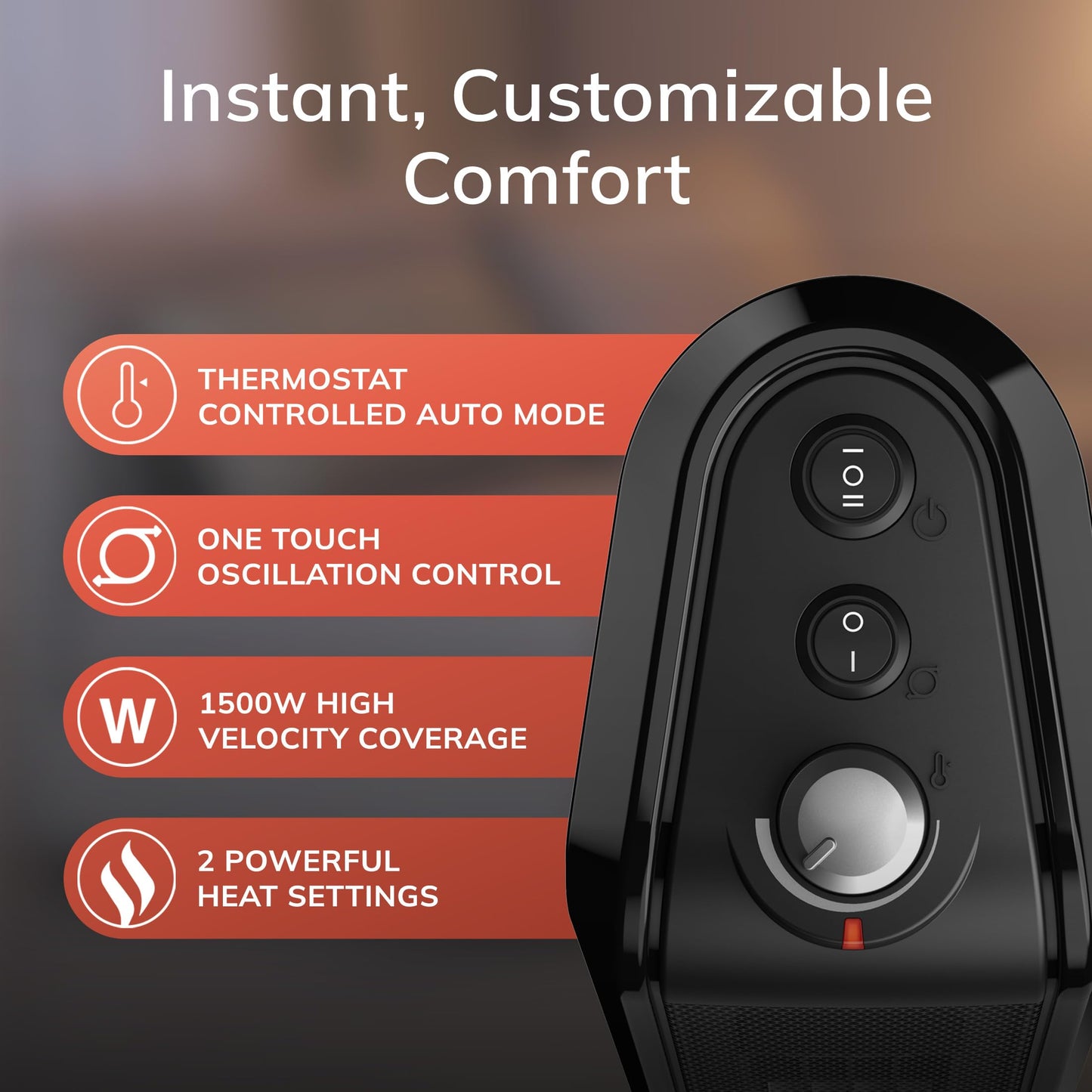 Lasko Oscillating Ceramic Tower Space Heater for Home with Overheat Protection, Adjustable Thermostat, and 2 Speeds, 15.7 Inches, Black, 1500W, CT16450