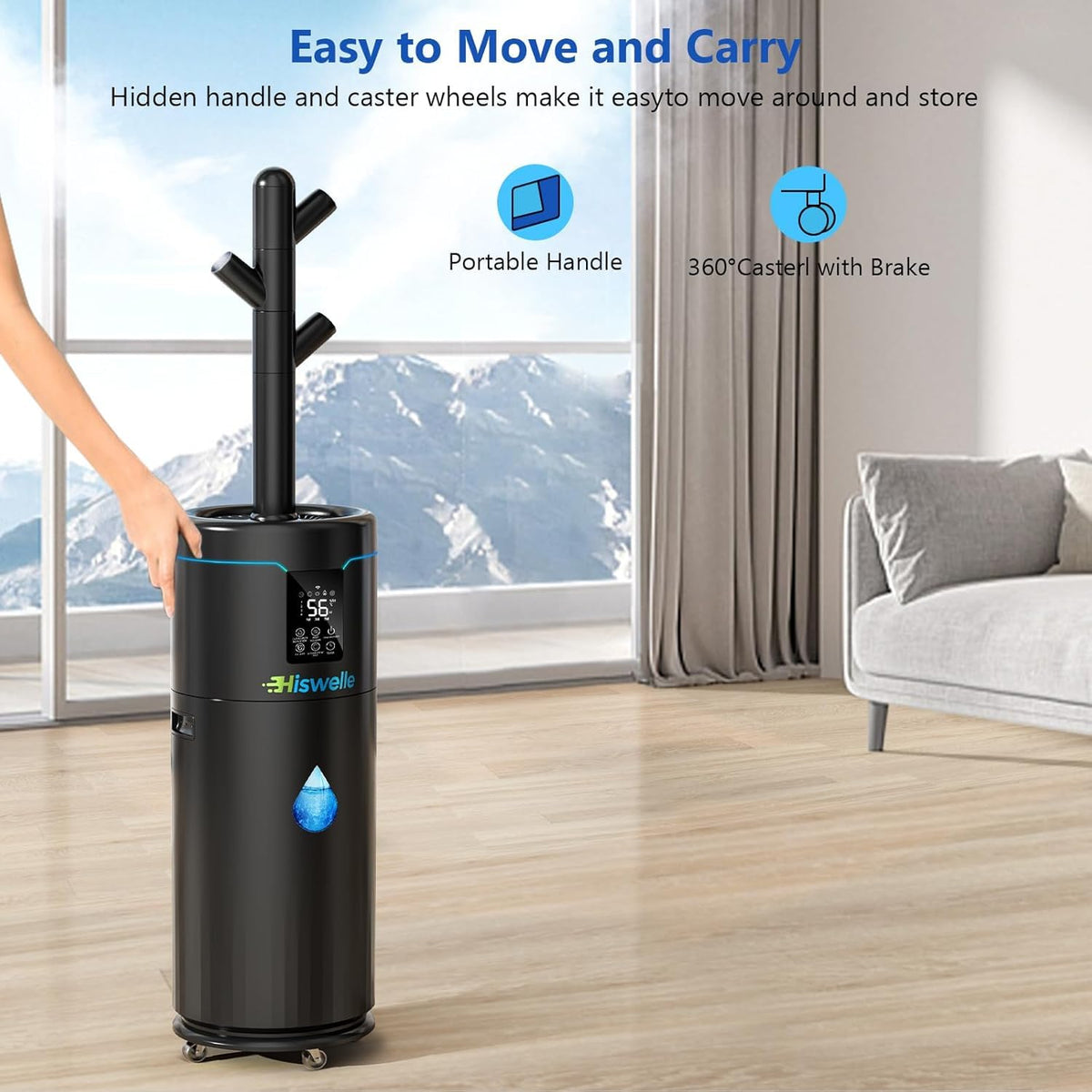 Hiswelle Large Humidifiers for Bedroom, 4.5 Gal Cool Mist Humidifier for Large Room Whole House with Remote Control, 800mL/h Output, 48H Runtime, Auto Humidistat, Wheels, Timer, Essential Oil Tray
