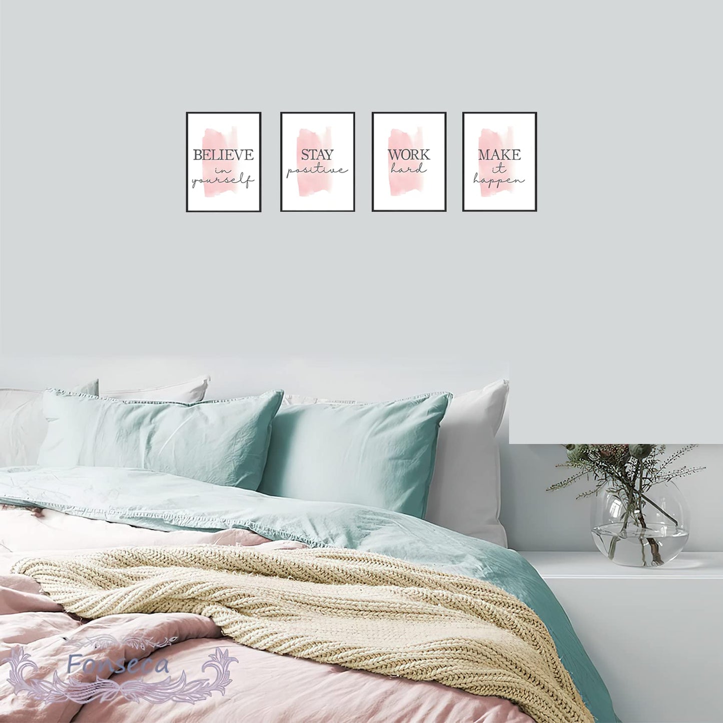 4 pcs Frame Wall Art Stay Positive Make It Happen Motivational Inspirational Quote Pink Canvas Painting Poster Pictures for Teenage Girl Bedroom Decor Office