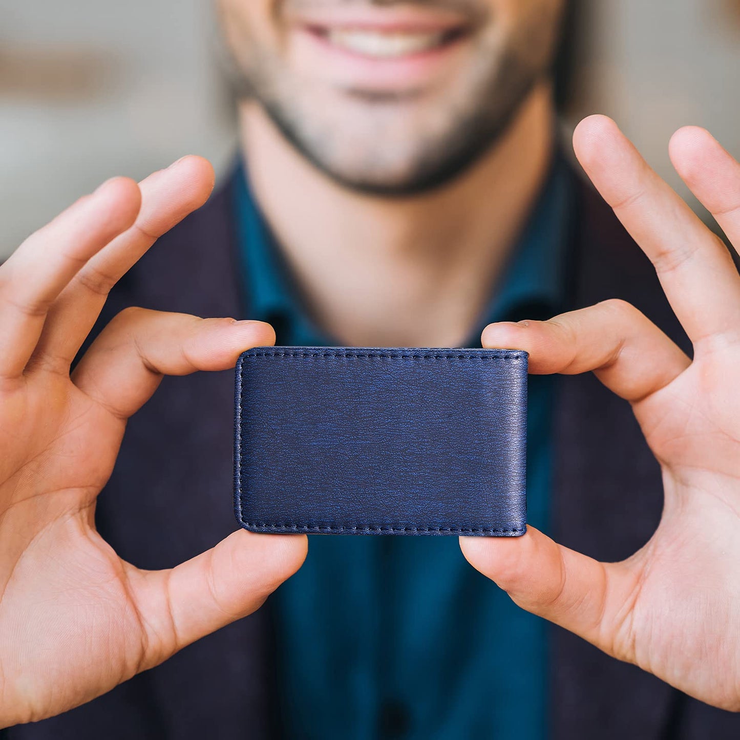 Outus 4 Pieces Business Card Holder, Gift for Husband Him Men PU Leather Business Card Case Pocket Wallet with Magnetic Shut for Valentine's Day Gift(Black, Coffee, Gray, Navy)