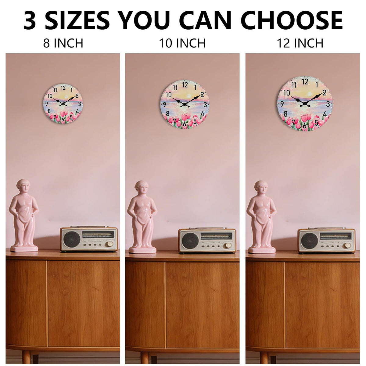 TGHHPC 12-Inch Spring Tulip Sunset Wall Clock, Silent Non-Ticking Battery Clock with Premium Glass Silent Movement Large Number Clocks for Romantic Bedroom Relaxing Living Room Office Kitchen Hotel