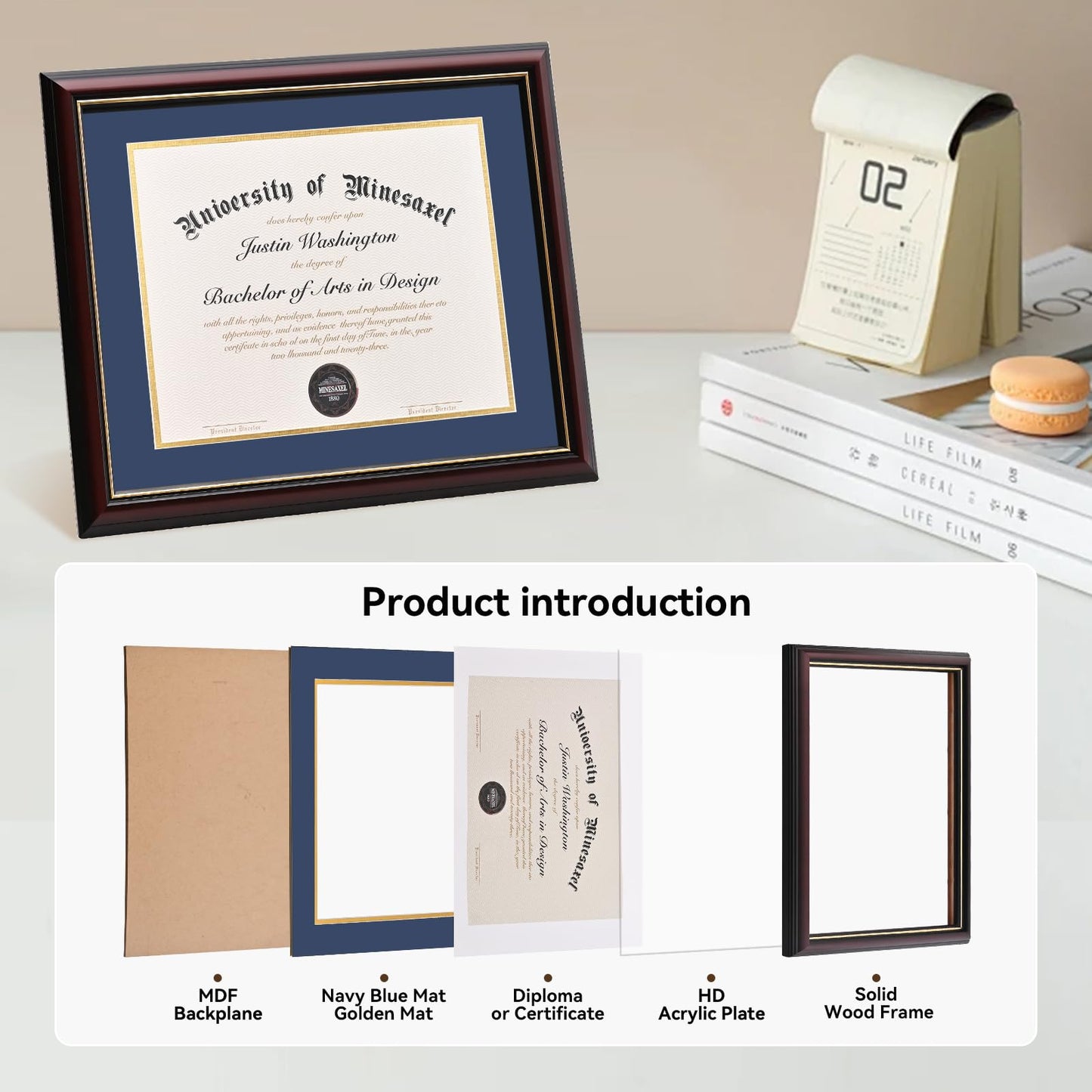 GAMYPET Solid Wood Diploma Frame 8.5 x 11 Certificate Frames with Navy Mat or 11x14 Document without Mat as Graduation Picture Frame