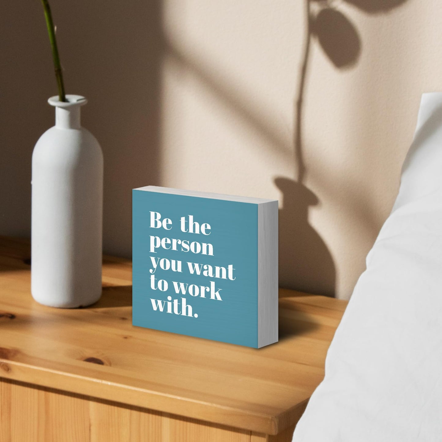 Luipk Be The Person You Want to Work With Inspirational Wood Box Sign Desk Decor 5X5, Teamwork Motivational Blue Green Wooden Block Sign Decorations for Home Office Workplace Wall Tabletop Shelf