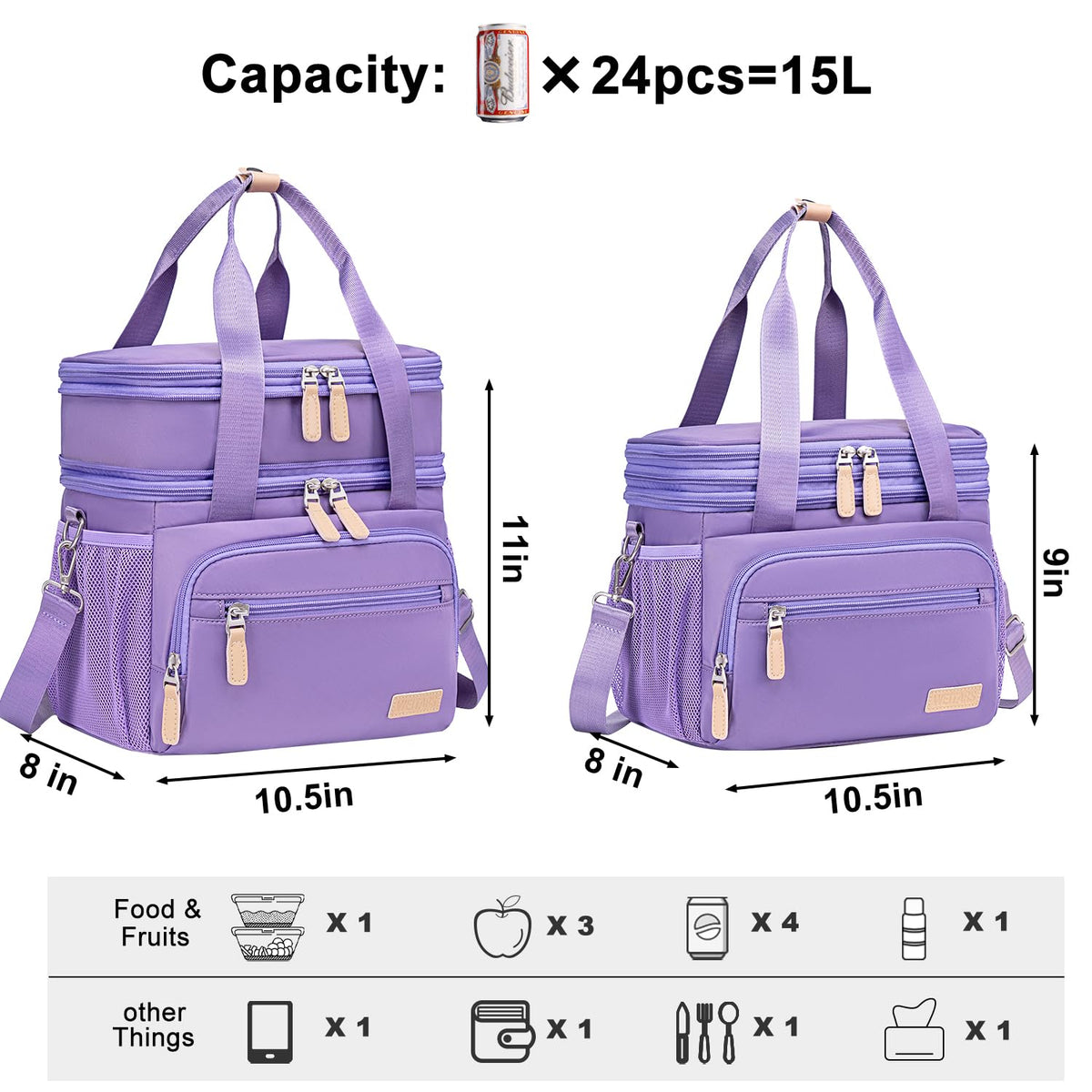 Weitars Insulated Lunch Box for Women Men-Dual Compartment Waterproof Reusable Large Lunch Bag Wide-Open Tote Cooler Bag For Working Picnic Hiking (15L) (Purple)