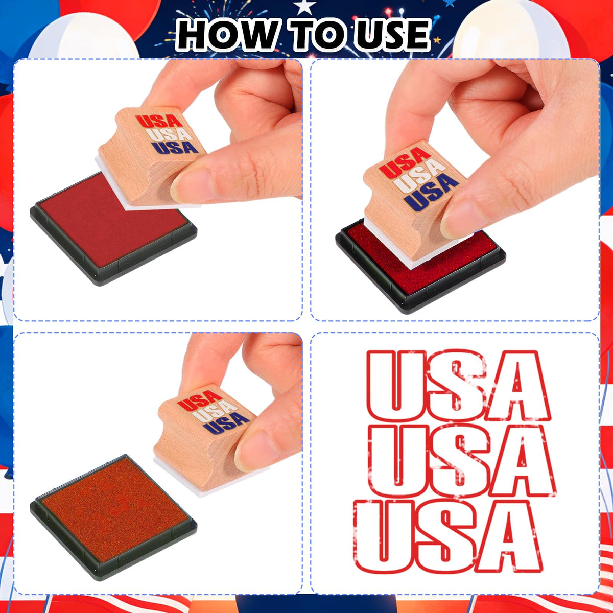 HOWAF USA Patriotic Wooden Rubber Stamps Set, 12pcs 4th of July Stamps Ink Pads for Independence Day DIY Crafts, 250 Years of Freedom Party Favors American Flag Inking Stamp Rubber Stamp
