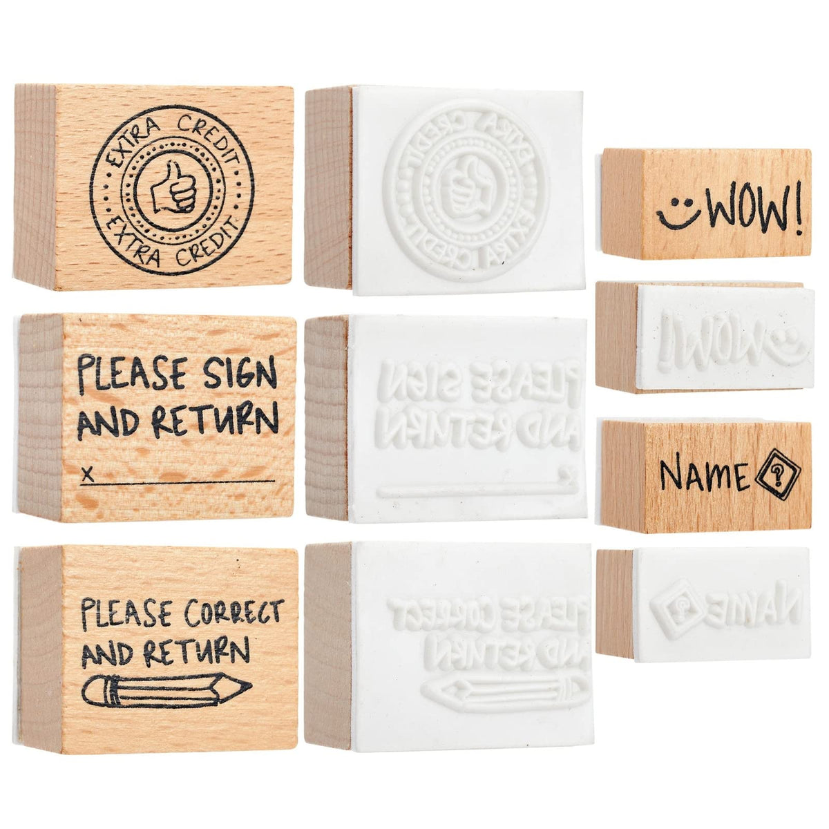 Blue Panda 9 Piece Set of Wooden Rubber Teacher Stamps - Classroom Supplies for Grading Homework and Teacher Supplies (Assorted Sizes Rubber Stamps)