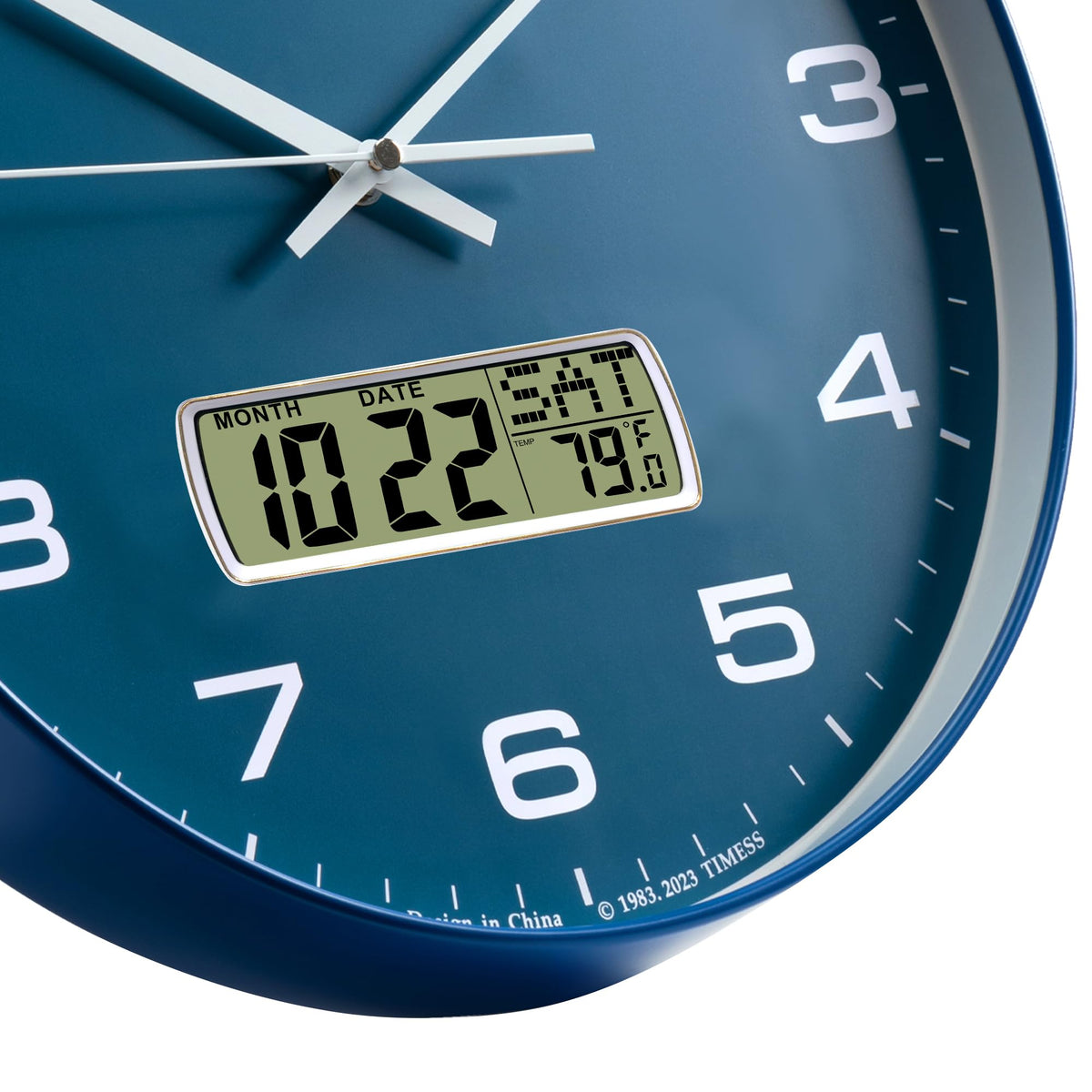 TIMESS Wall Clock, 14" Large Dial Non-Ticking Silent Battery Operated Analog with LCD Display for Perpetual Calendar and F° Temperature, Ideal Modern Home, Bedroom, Kitchen, Office Decor (Blue)