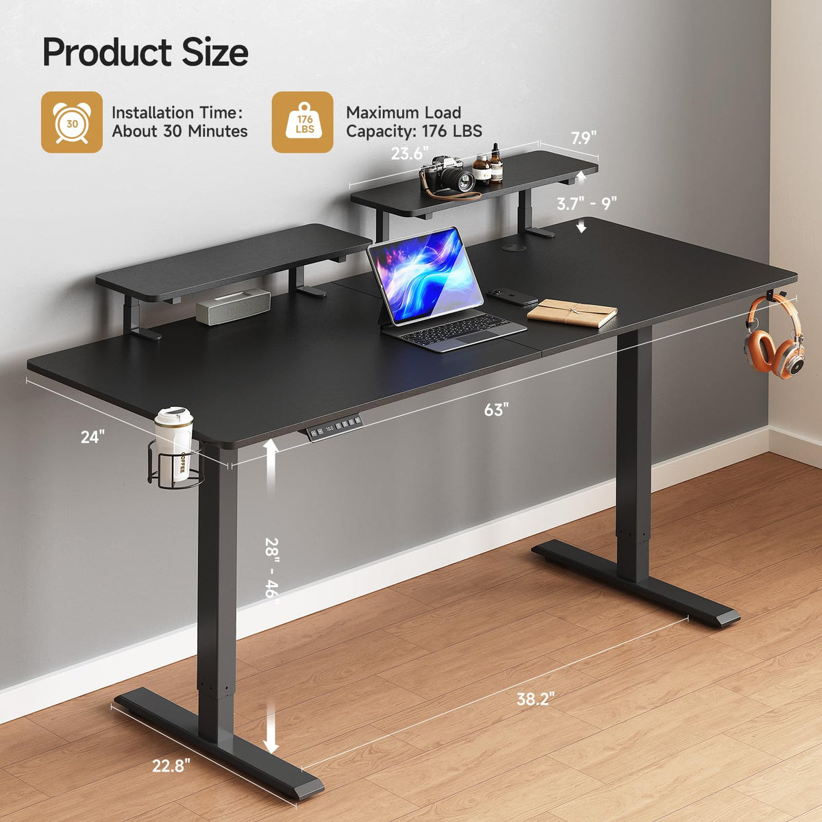 ONBRILL Standing Desk with 2 Adjustable Monitor Shelves, 63 x 24 Inches Electric Stand Up Desk with Memory Controller and Adjustable Height from 28-46 inches for Computer Workstations, All Black