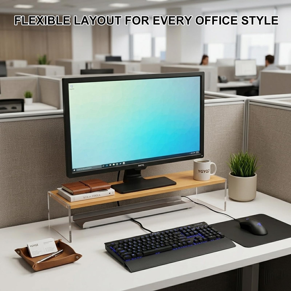 YGYQZ Adjustable Monitor Stand Riser with Acrylic Legs丨7.67" Wide Dual Monitor Stand for Desk丨2-Tier Wood Desktop Organizer for Computer, Laptop, Printer & PC丨Modern Aesthetic Desk Shelf(wood-flat)