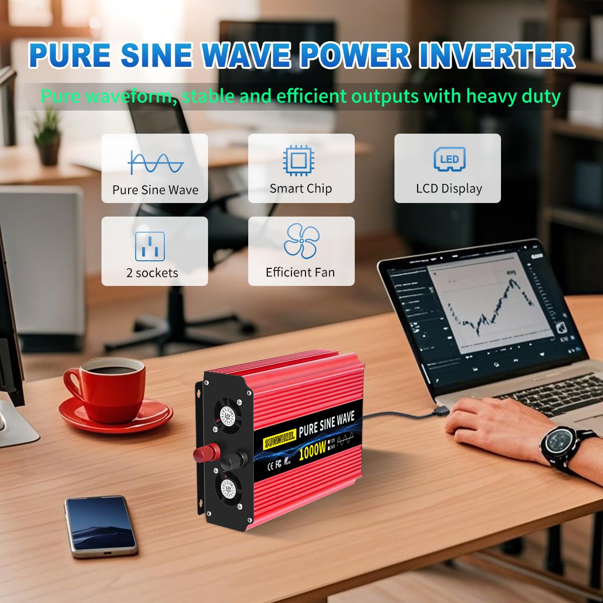 SUNWHEEL 1000W Pure Sine Wave Inverter, 12V DC to 110V/120V AC Power Inverter for RV、Off Grid、Truck with 2 AC outlets and LCD Display